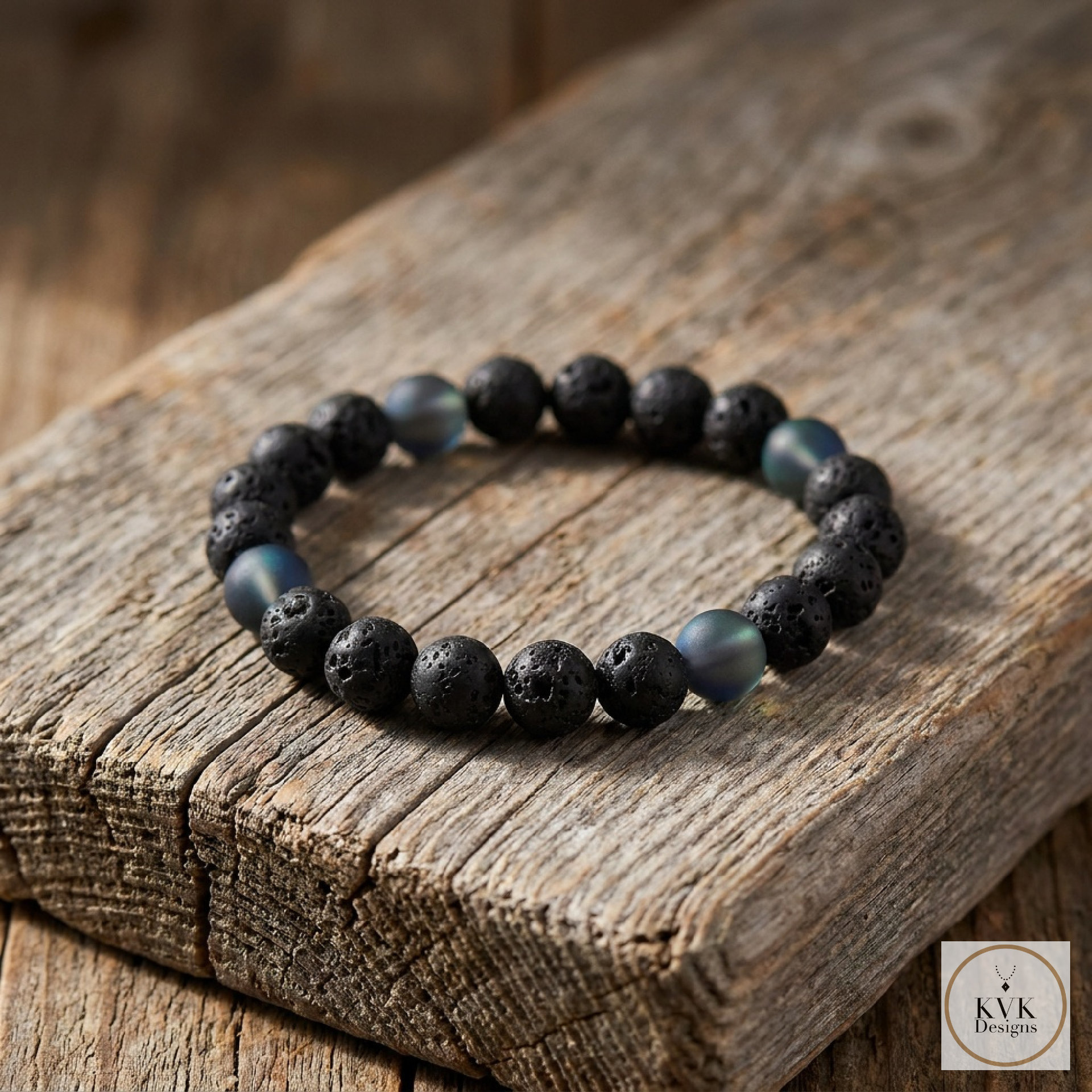 Men's Black Lava and Glass Bead Stretch Bracelet