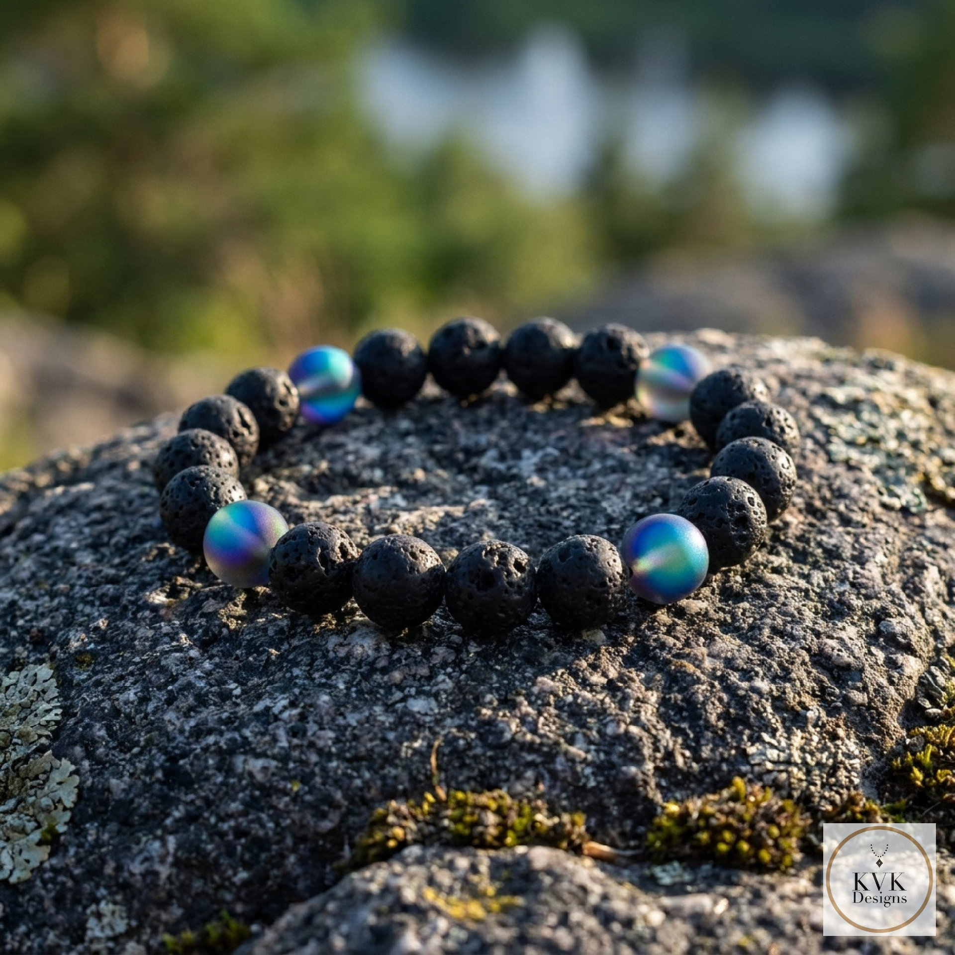 Men's Black Lava and Glass Bead Stretch Bracelet