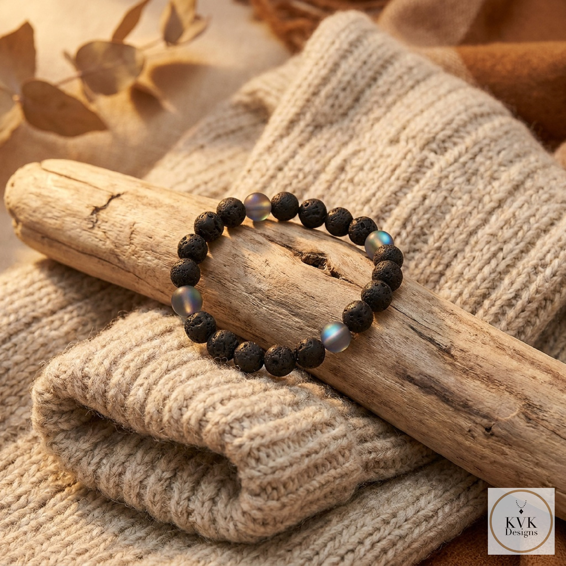 Men's Black Lava and Glass Bead Stretch Bracelet