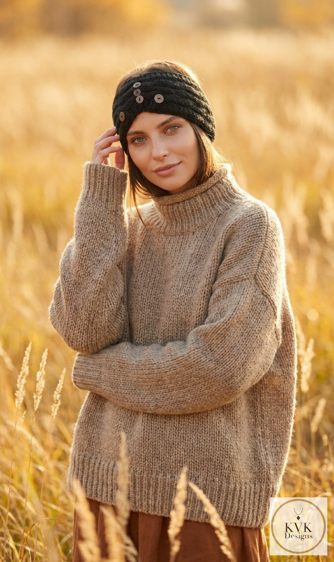 Hand-Knit Black Wool Headband with Buttons - Cozy Ear Warmer for Women