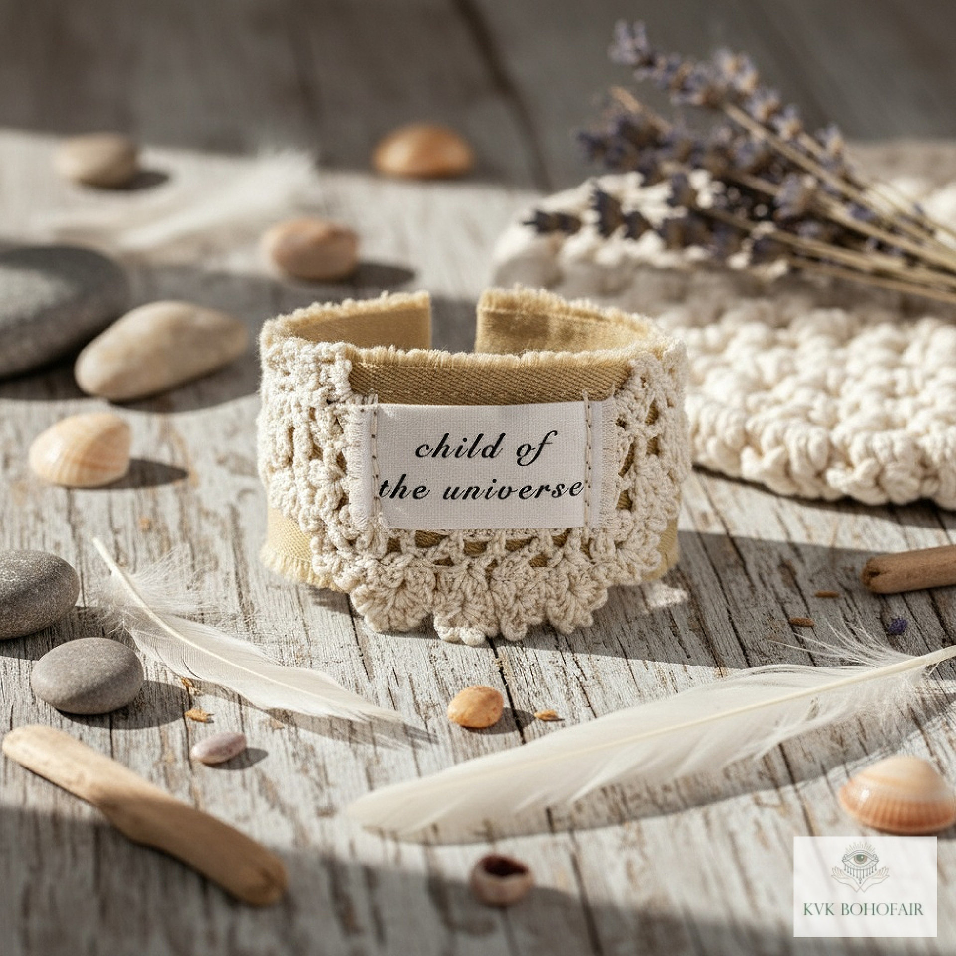 Boho Celestial Cotton Cuff Bracelet - Stamped adult Fabric Wrist Wrap