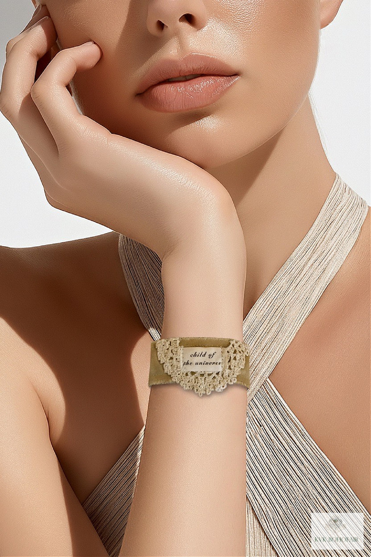 Boho Celestial Cotton Cuff Bracelet - Stamped adult Fabric Wrist Wrap