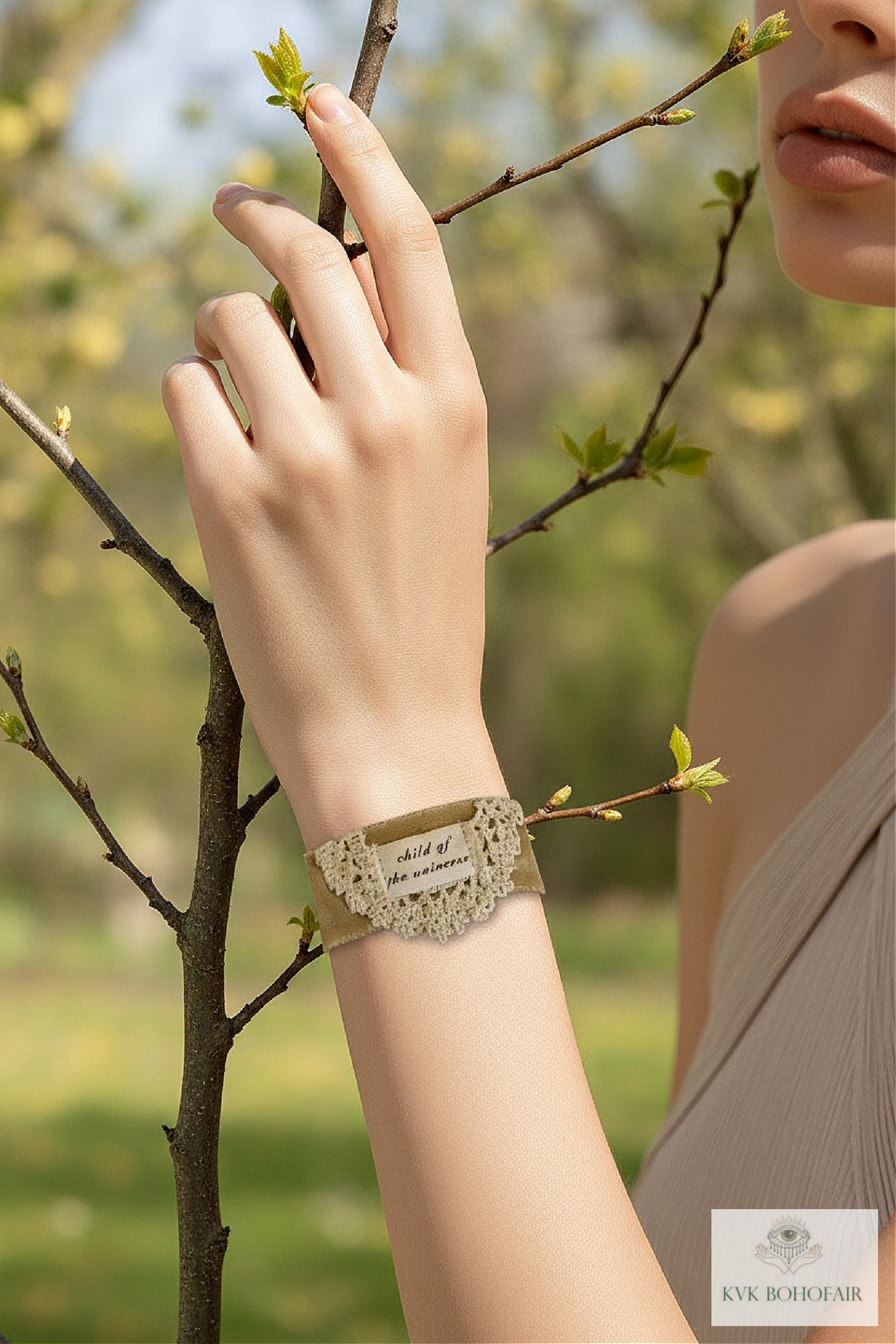 Boho Celestial Cotton Cuff Bracelet - Stamped adult Fabric Wrist Wrap