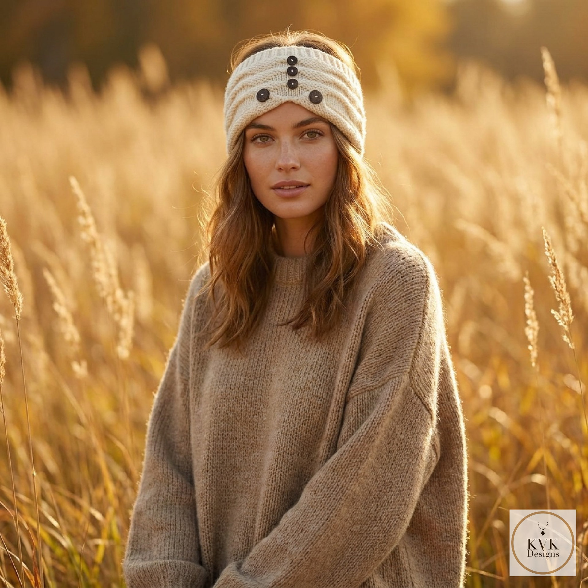 Hand-Knit Off White Wool Headband with Buttons - Cozy Ear Warmer for Women
