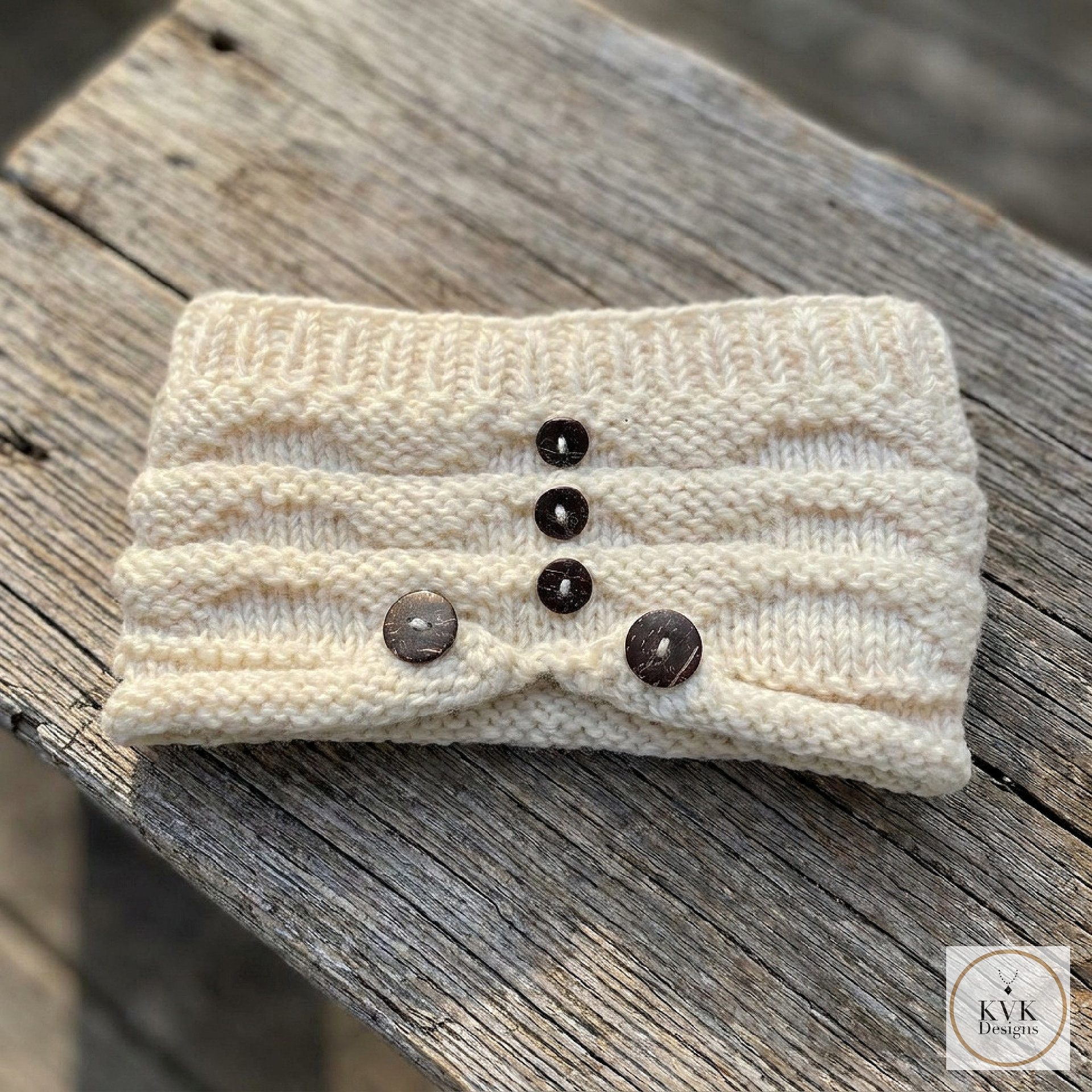 Hand-Knit Off White Wool Headband with Buttons - Cozy Ear Warmer for Women