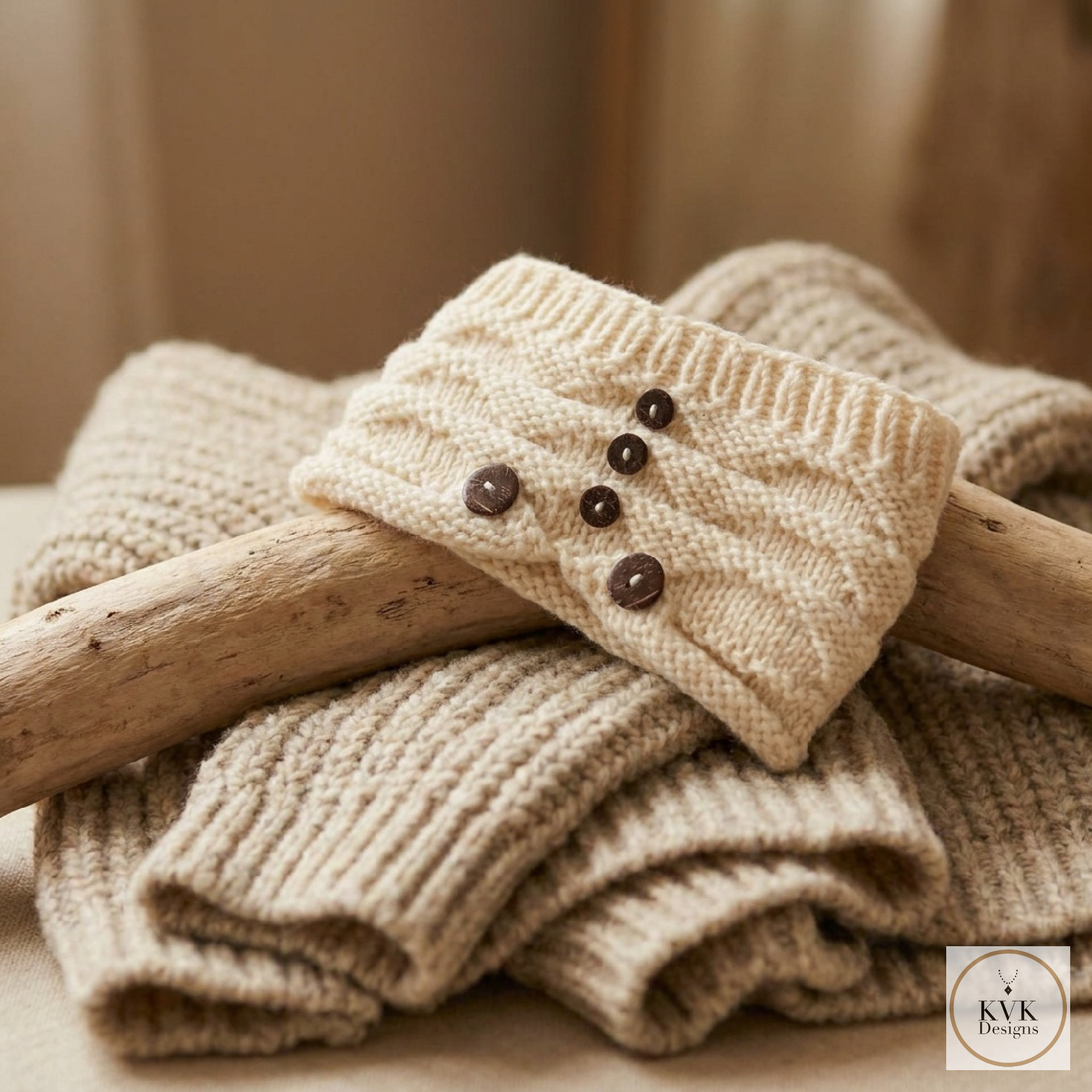 Hand-Knit Off White Wool Headband with Buttons - Cozy Ear Warmer for Women