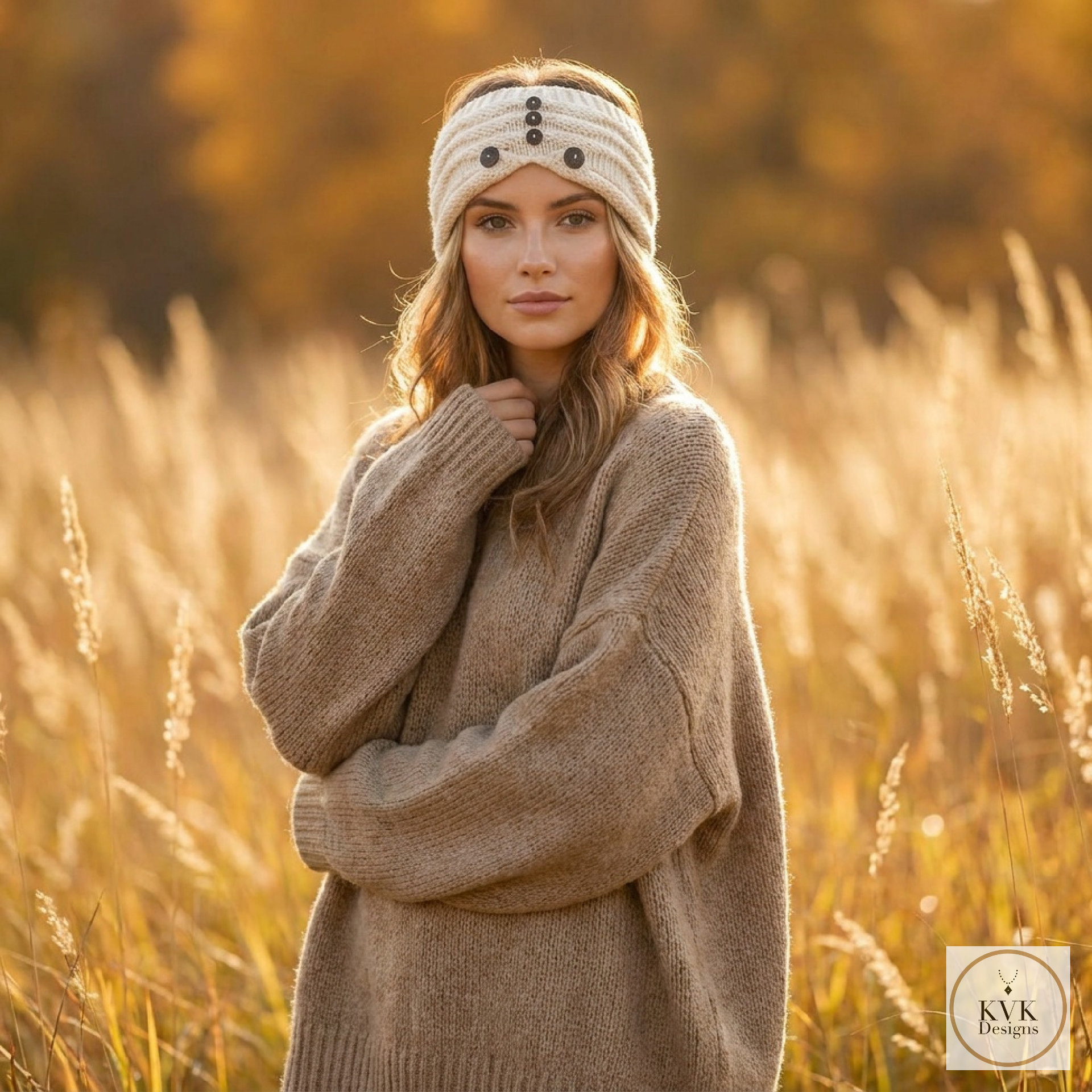 Hand-Knit Off White Wool Headband with Buttons - Cozy Ear Warmer for Women