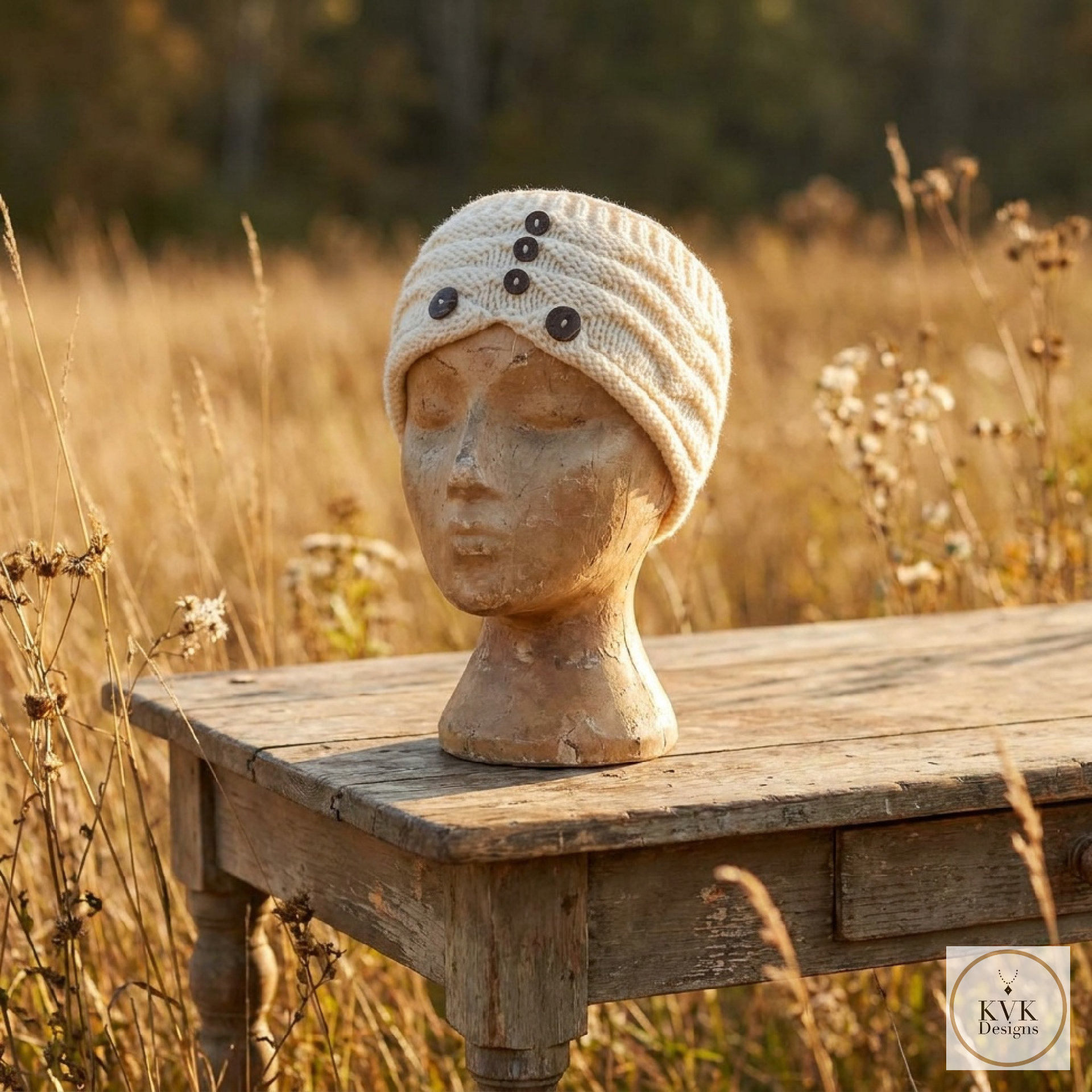 Hand-Knit Off White Wool Headband with Buttons - Cozy Ear Warmer for Women