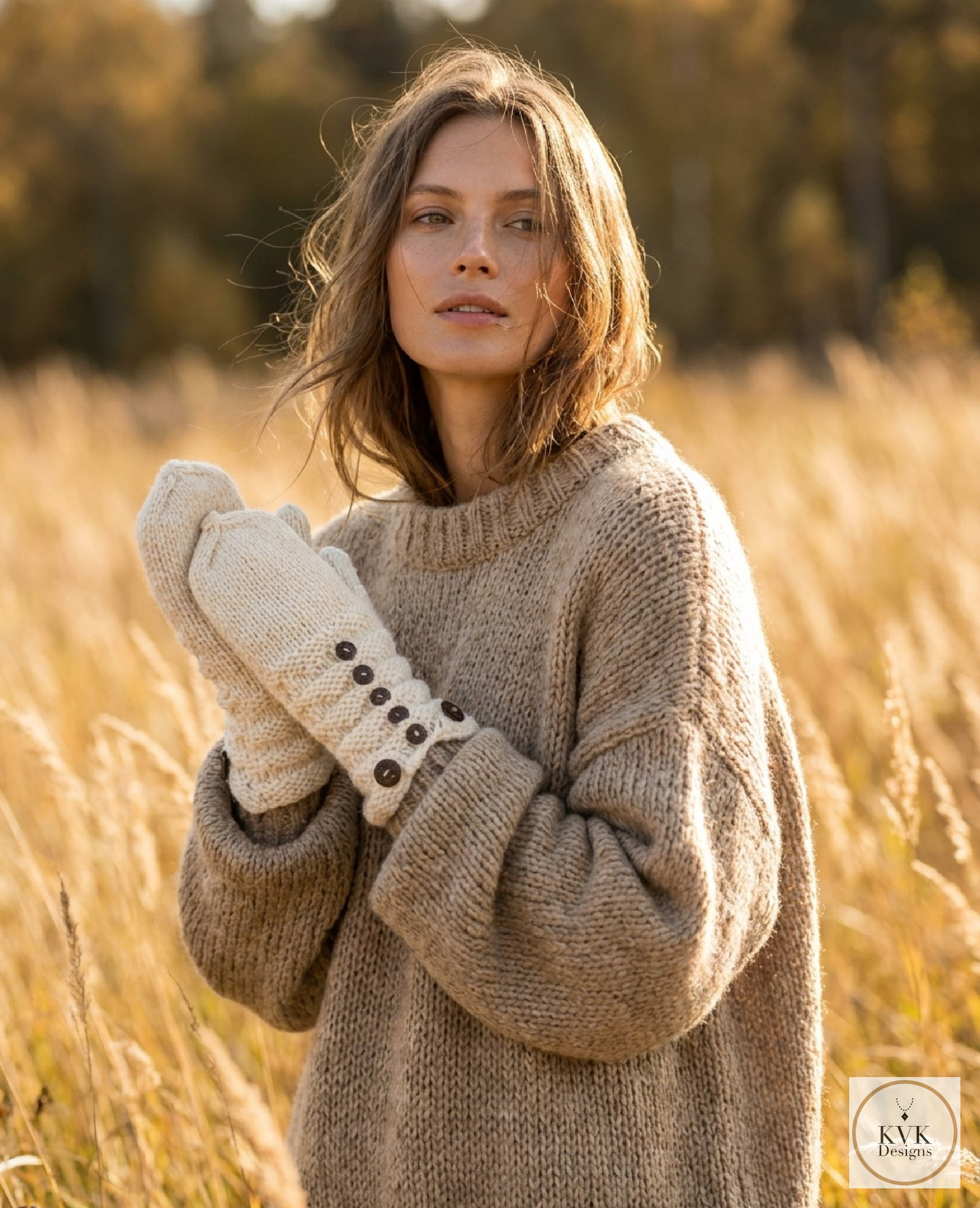 Hand-Knit Off White Wool Mittens with Wooden Buttons - Convertible Fingerless Gloves