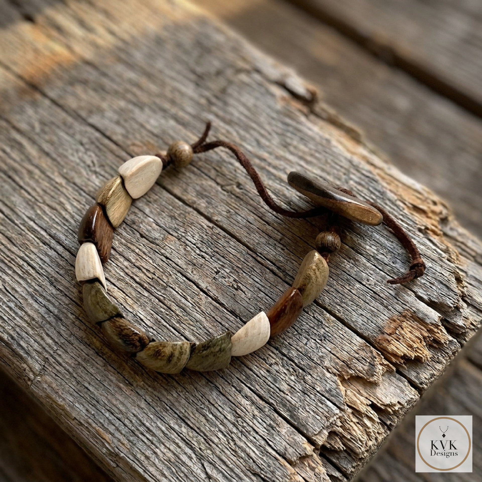 Dance with Druids Wood Bracelet, Adjustable Suede Cord, Handcrafted Earthy Jewelry