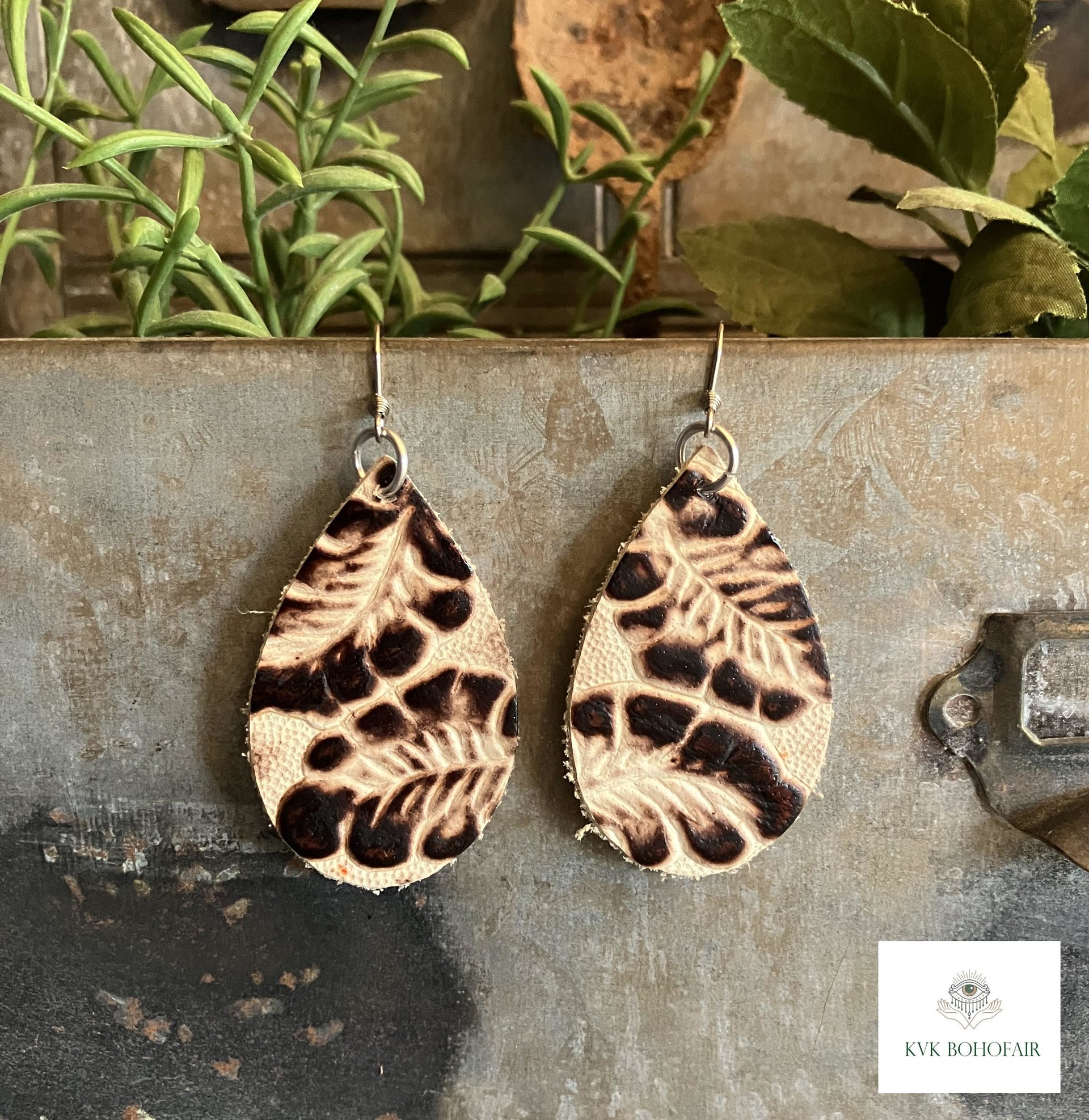 Brown Floral Leather Teardrop Earrings - Hand Tooled Cream Leaf Dangles