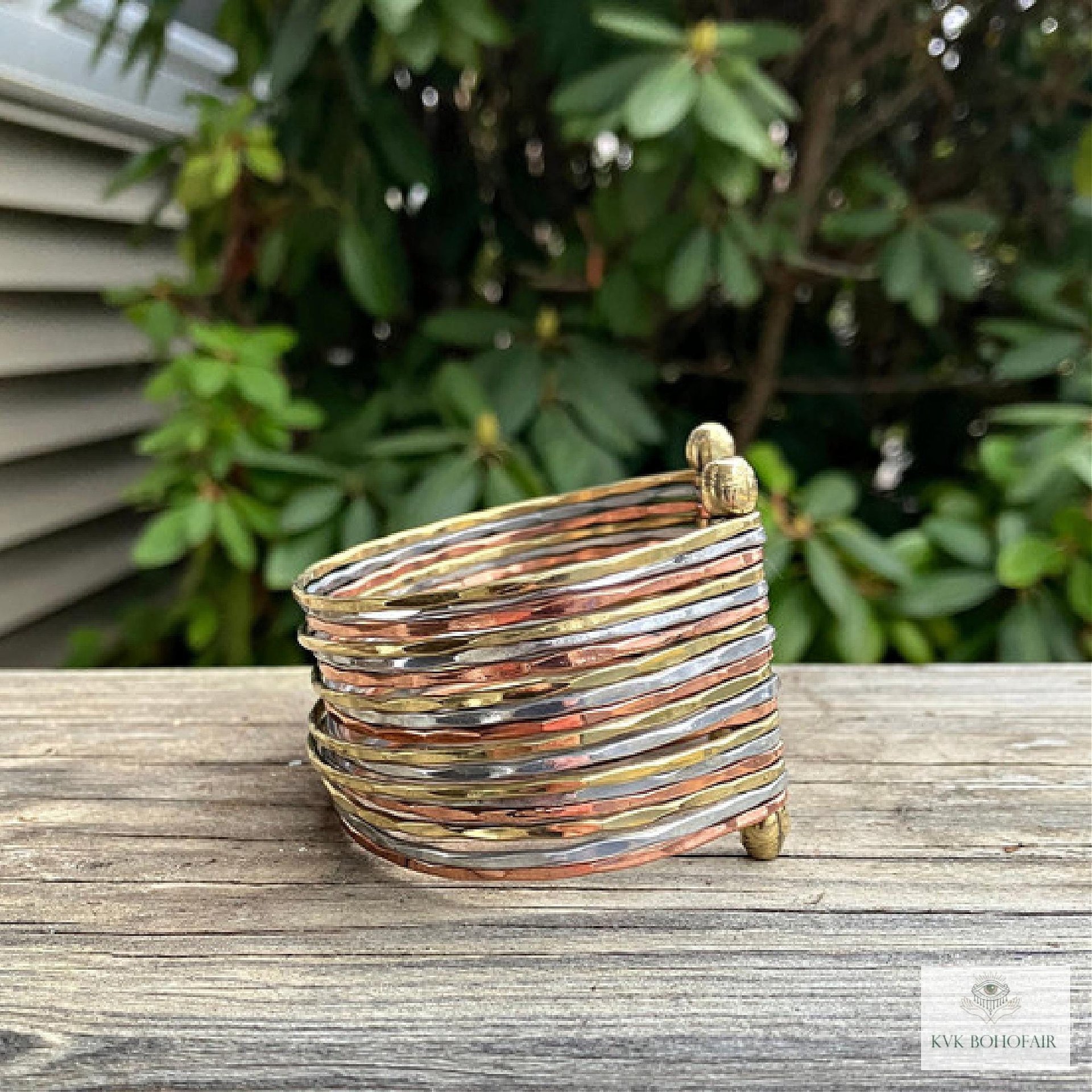Wide Hammered Mixed Metal Cuff Bracelet - Statement Artisan Jewelry