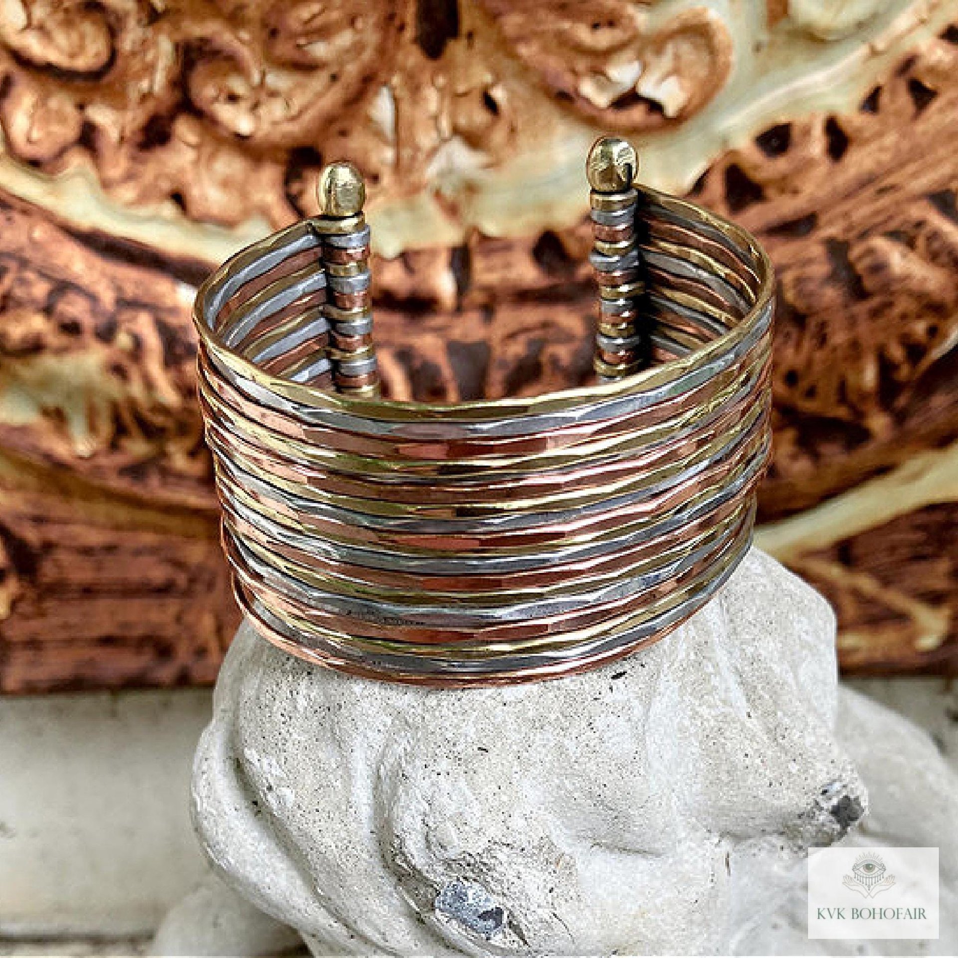 Wide Hammered Mixed Metal Cuff Bracelet - Statement Artisan Jewelry