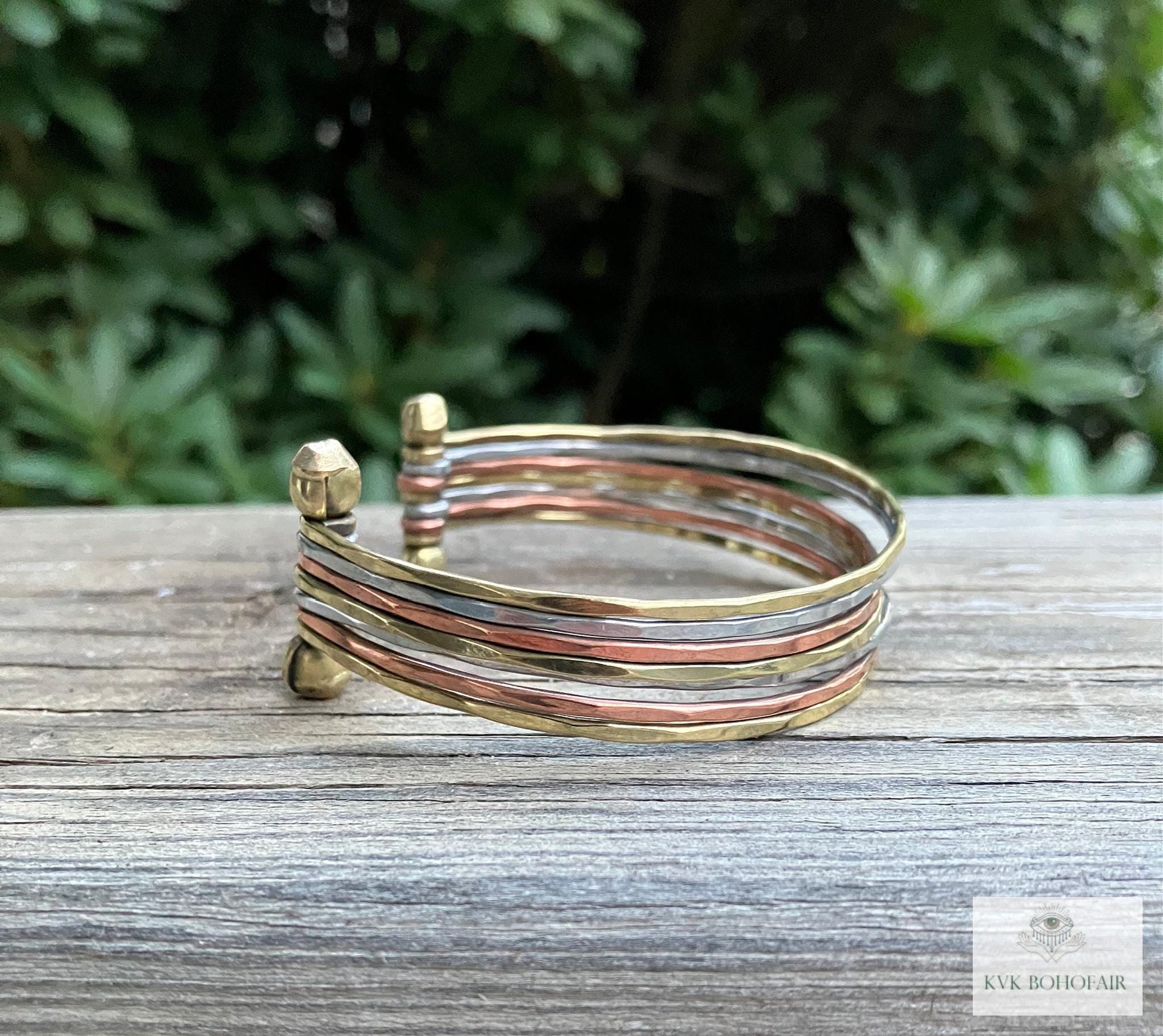 Thin Hammered Mixed Metal Cuff Bracelet - Handcrafted Stacking Bangle