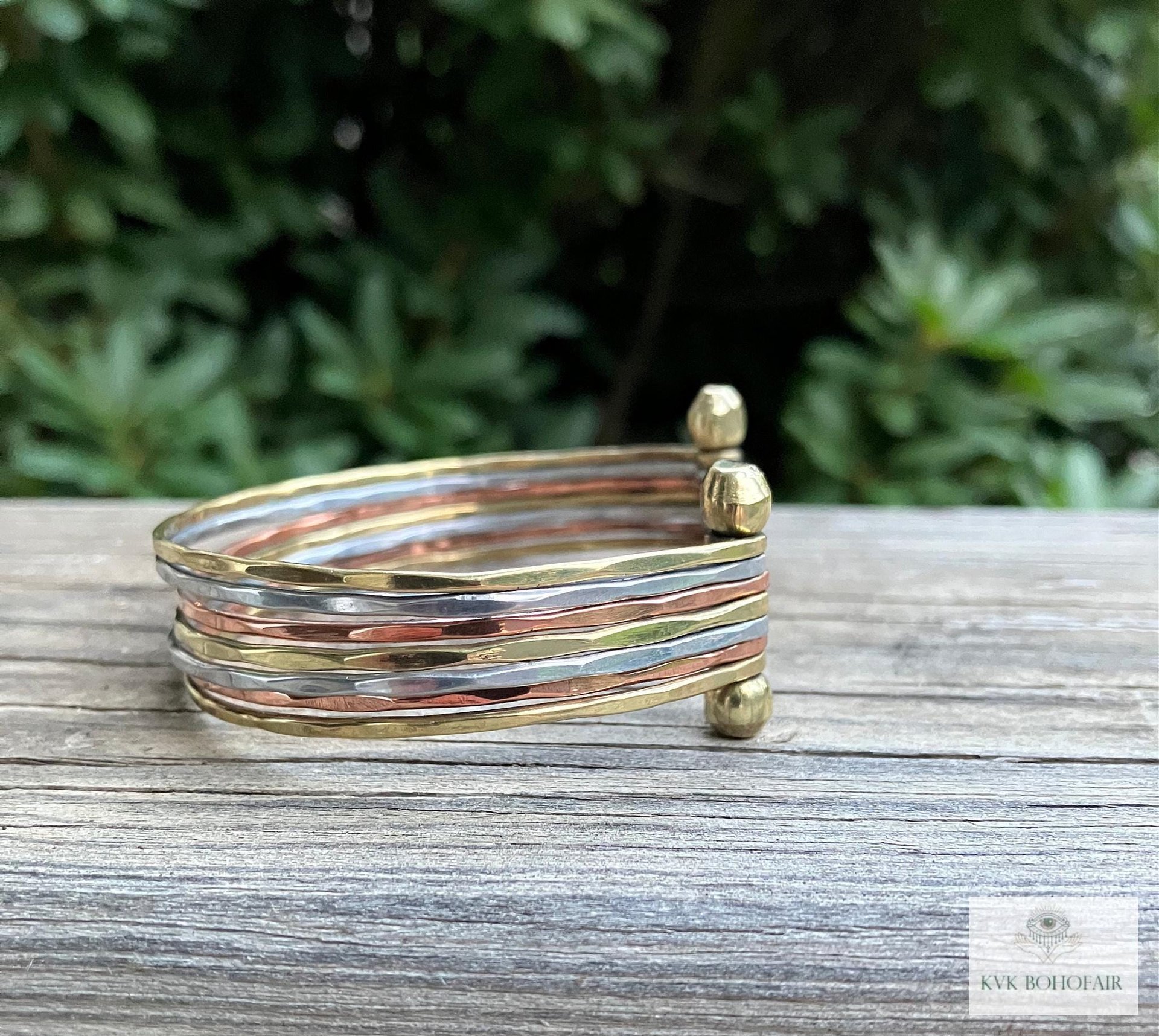 Thin Hammered Mixed Metal Cuff Bracelet - Handcrafted Stacking Bangle