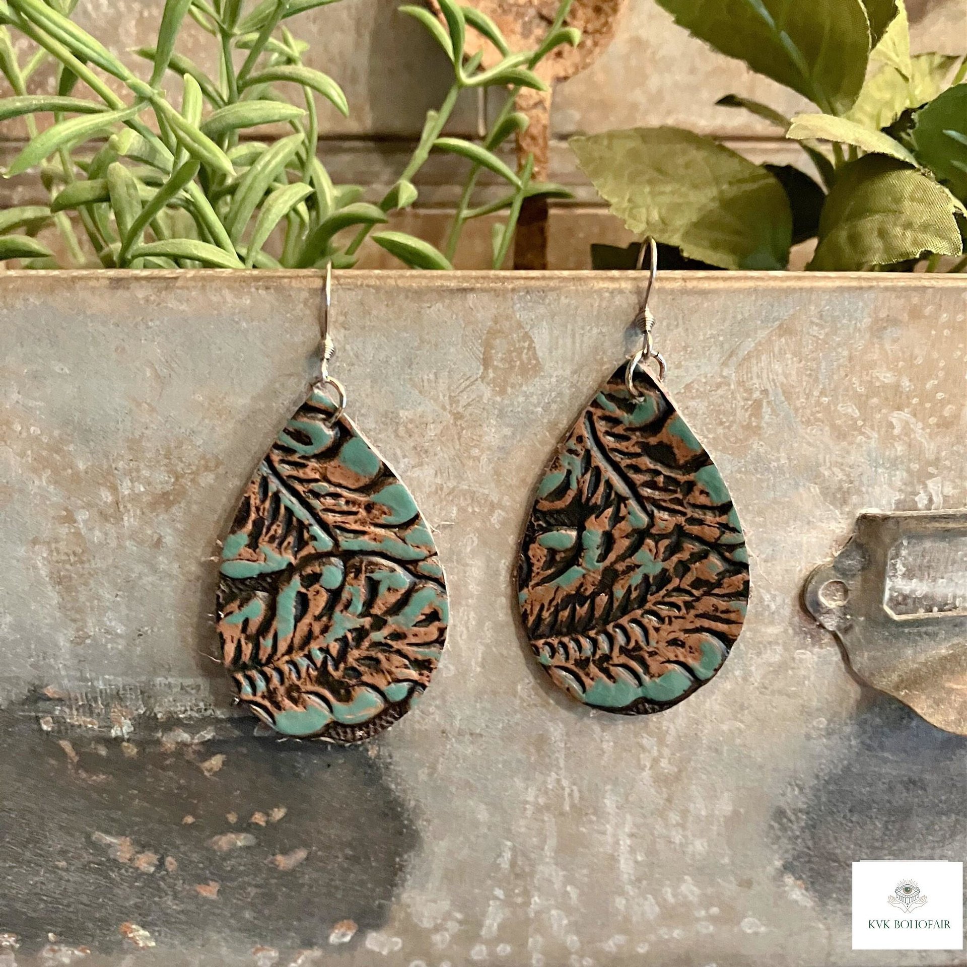 Boho Leather Teardrop Earrings - Handcrafted Turquoise Colored Dangles