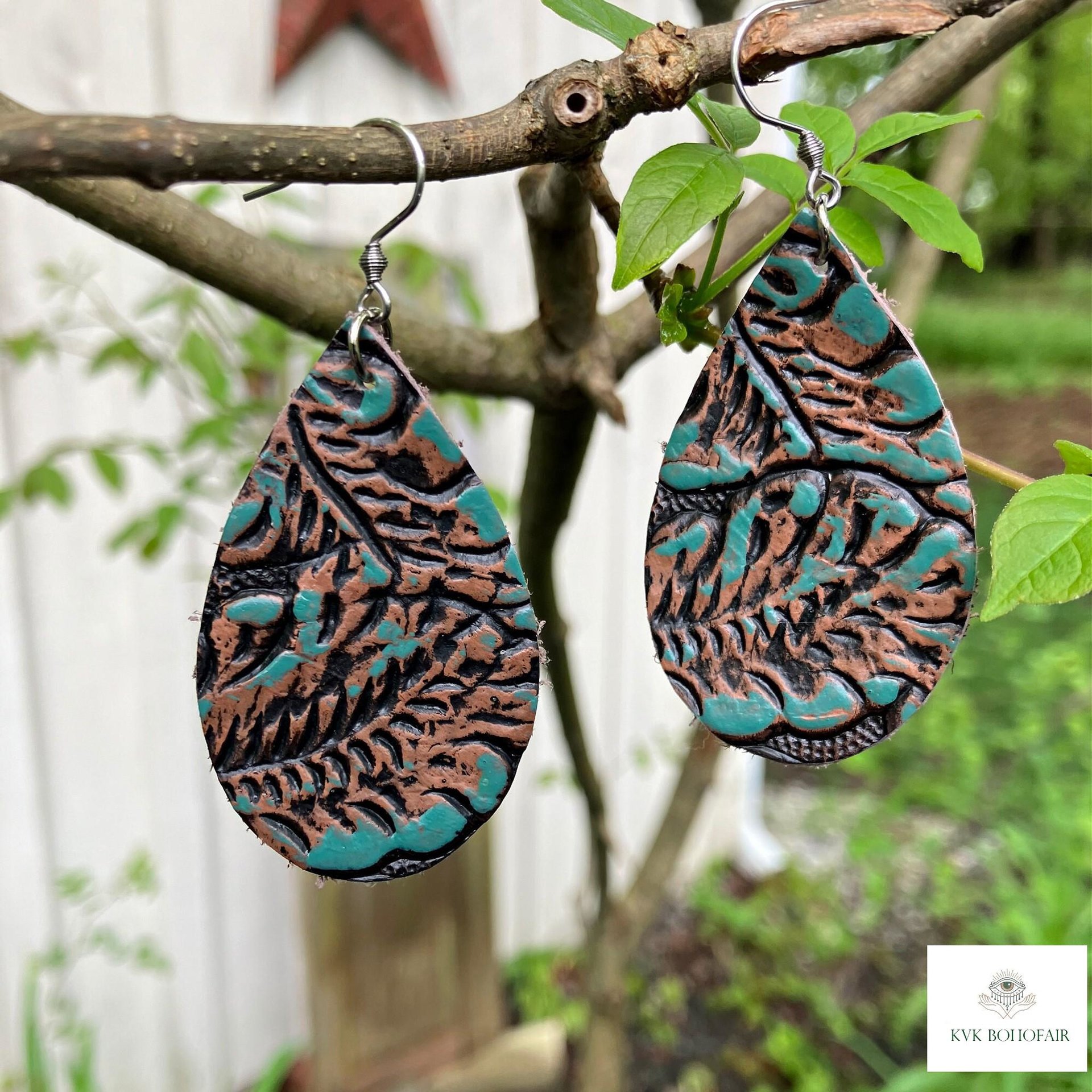 Boho Leather Teardrop Earrings - Handcrafted Turquoise Colored Dangles