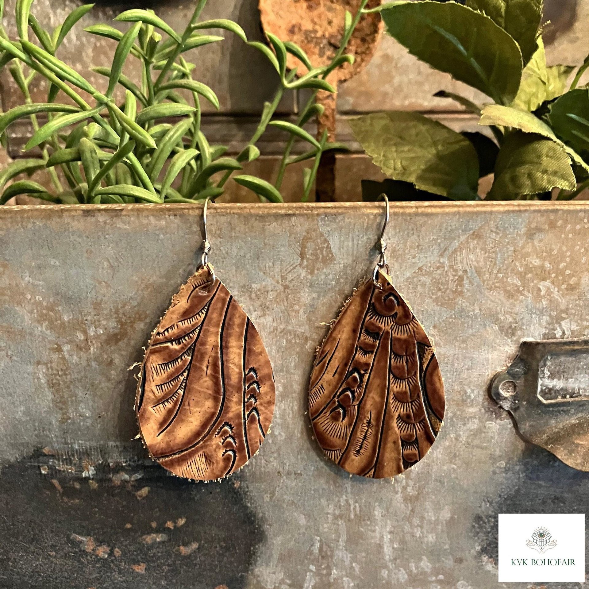 Hand Tooled Brown Leather Teardrop Earrings, Floral Embossed Genuine Leather Western Dangles