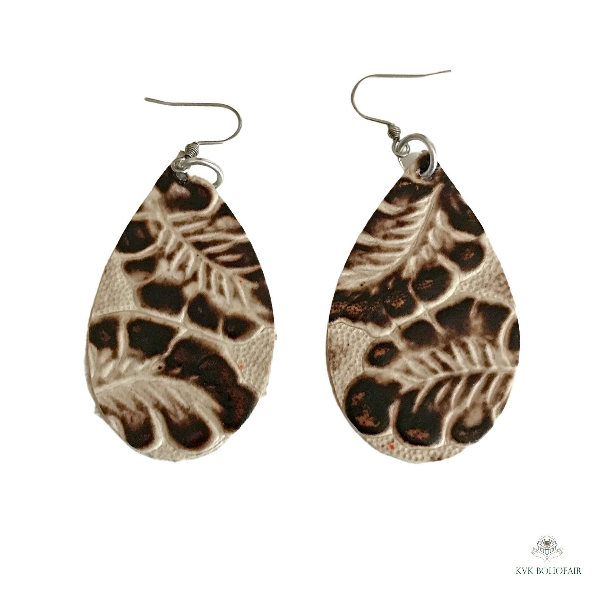 Brown Floral Leather Teardrop Earrings - Hand Tooled Cream Leaf Dangles