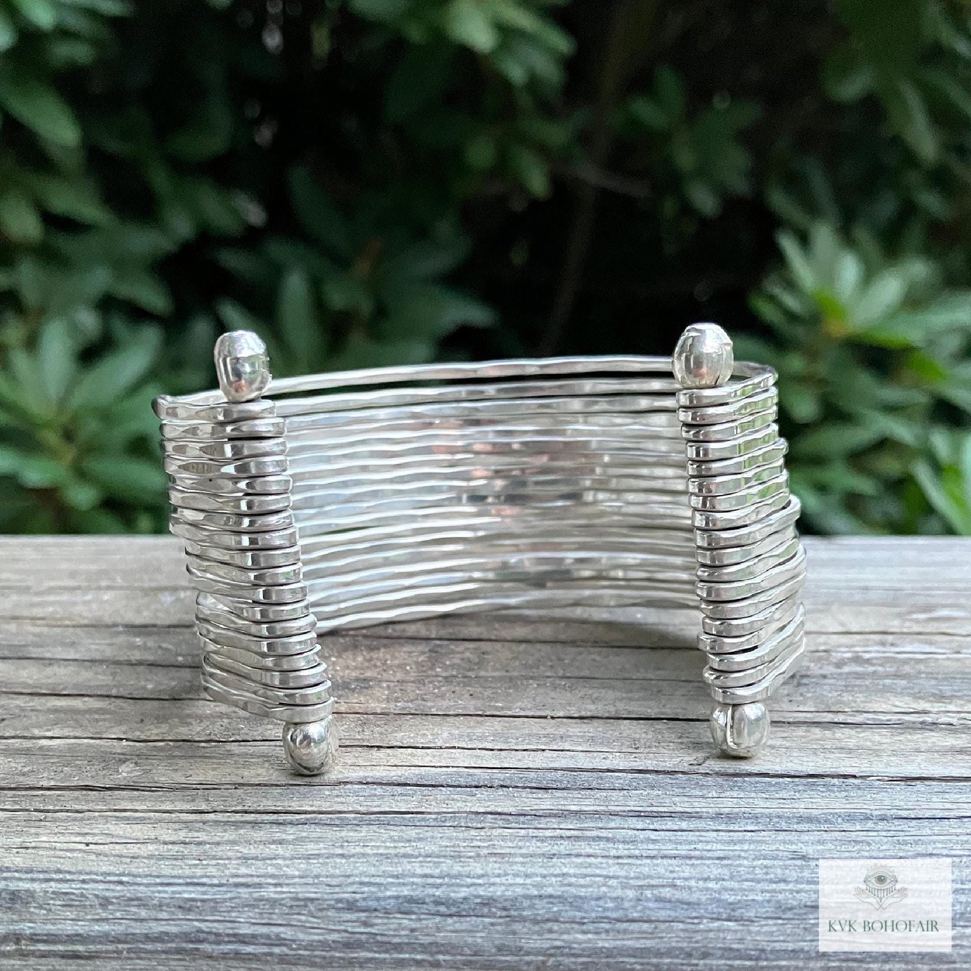 Wide Hammered Silver Cuff Bracelet: Handcrafted Boho Jewelry