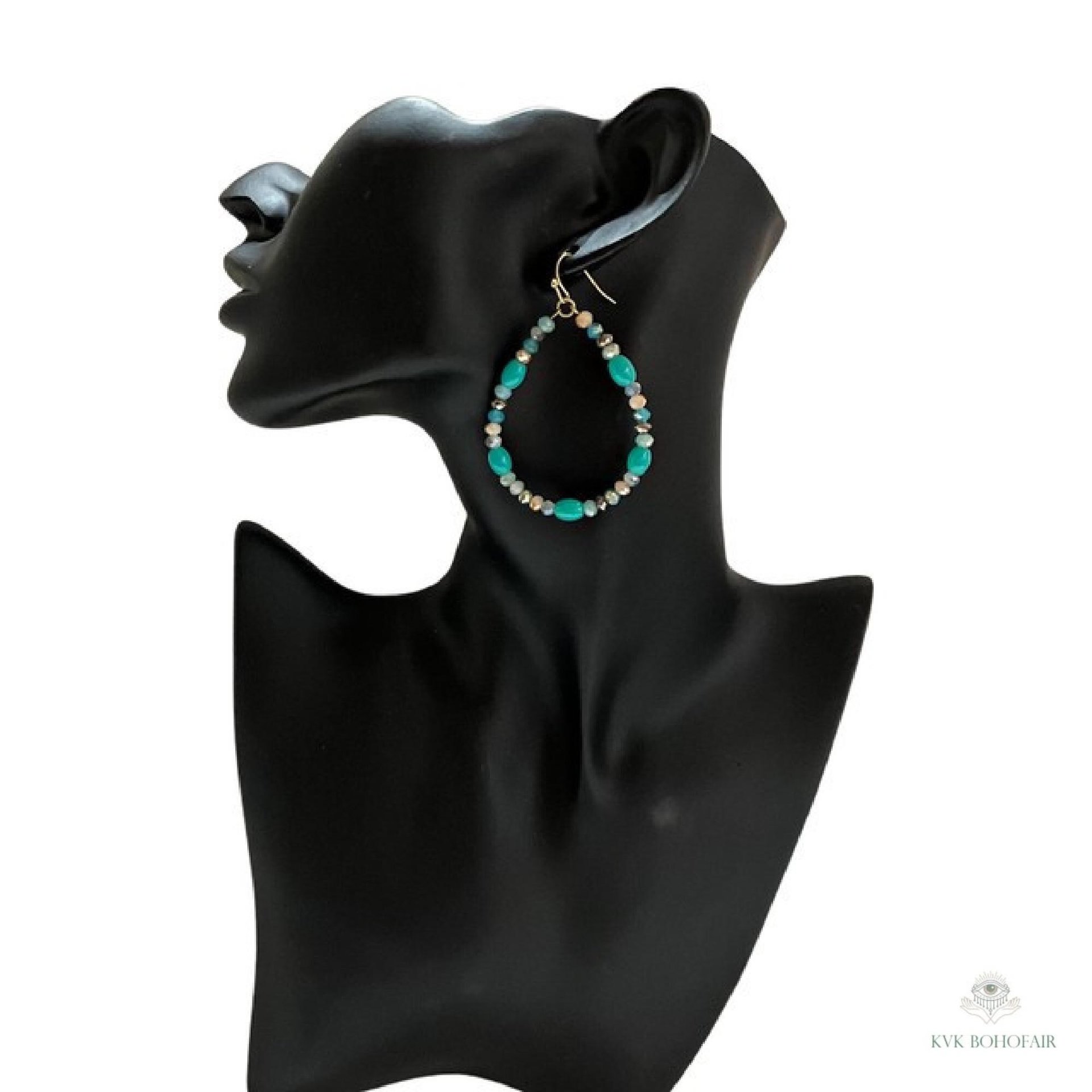 Boho Teardrop Earrings with Turquoise Beads - Antique Gold Dangle Jewelry