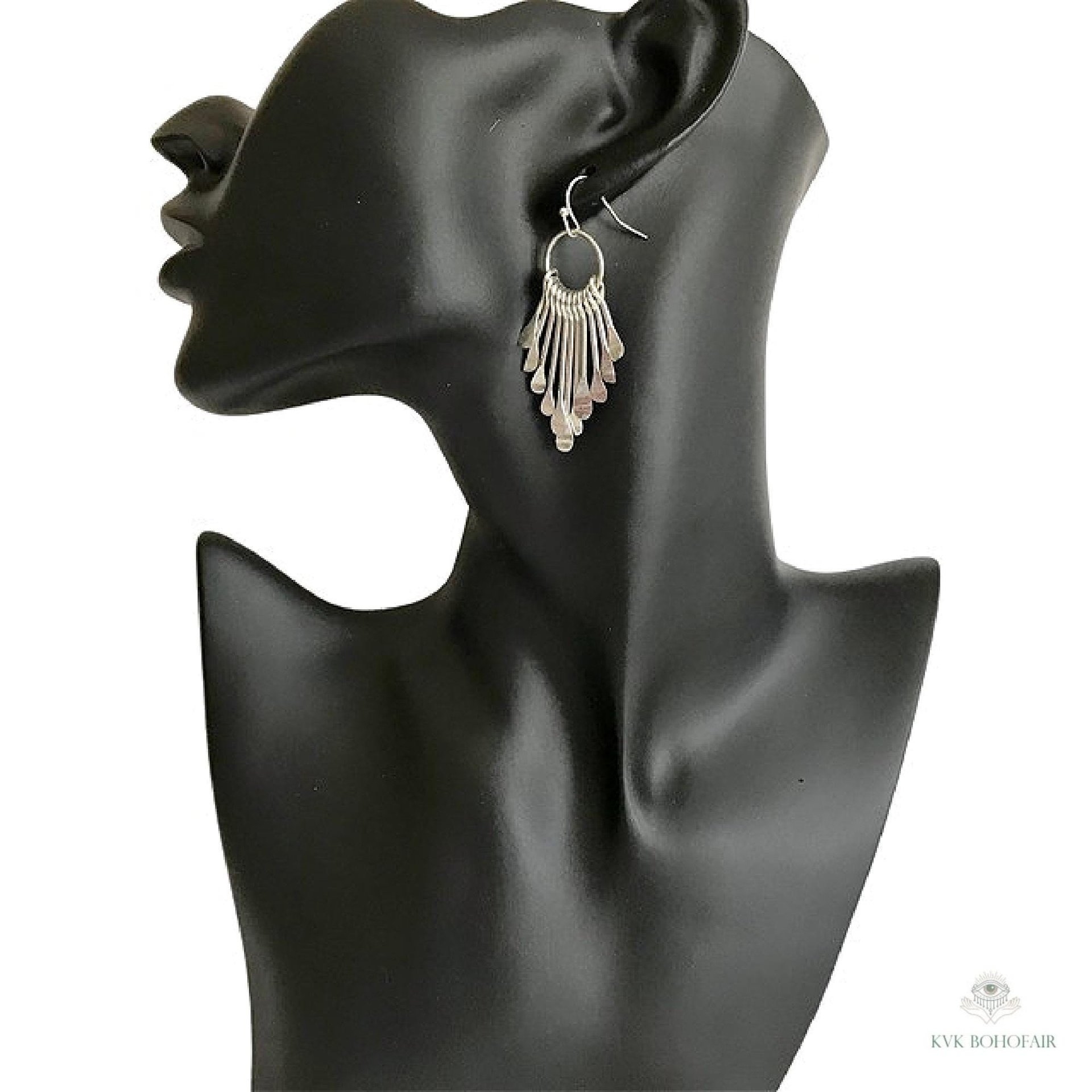Boho Silver Plated Fringe Paddle Earrings, Sterling Silver Wires, Artisan Chandelier Dangles