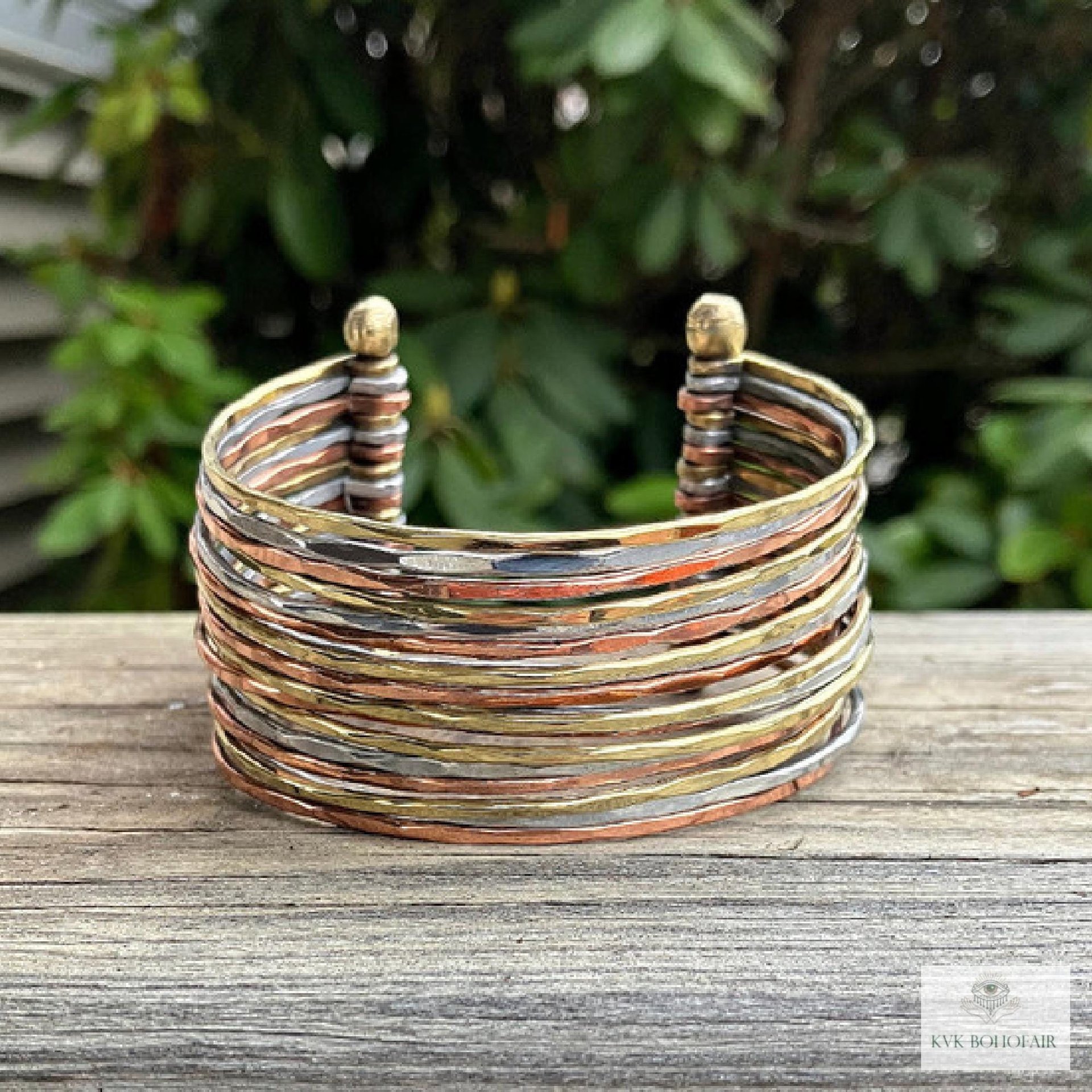 Wide Hammered Mixed Metal Cuff Bracelet - Statement Artisan Jewelry
