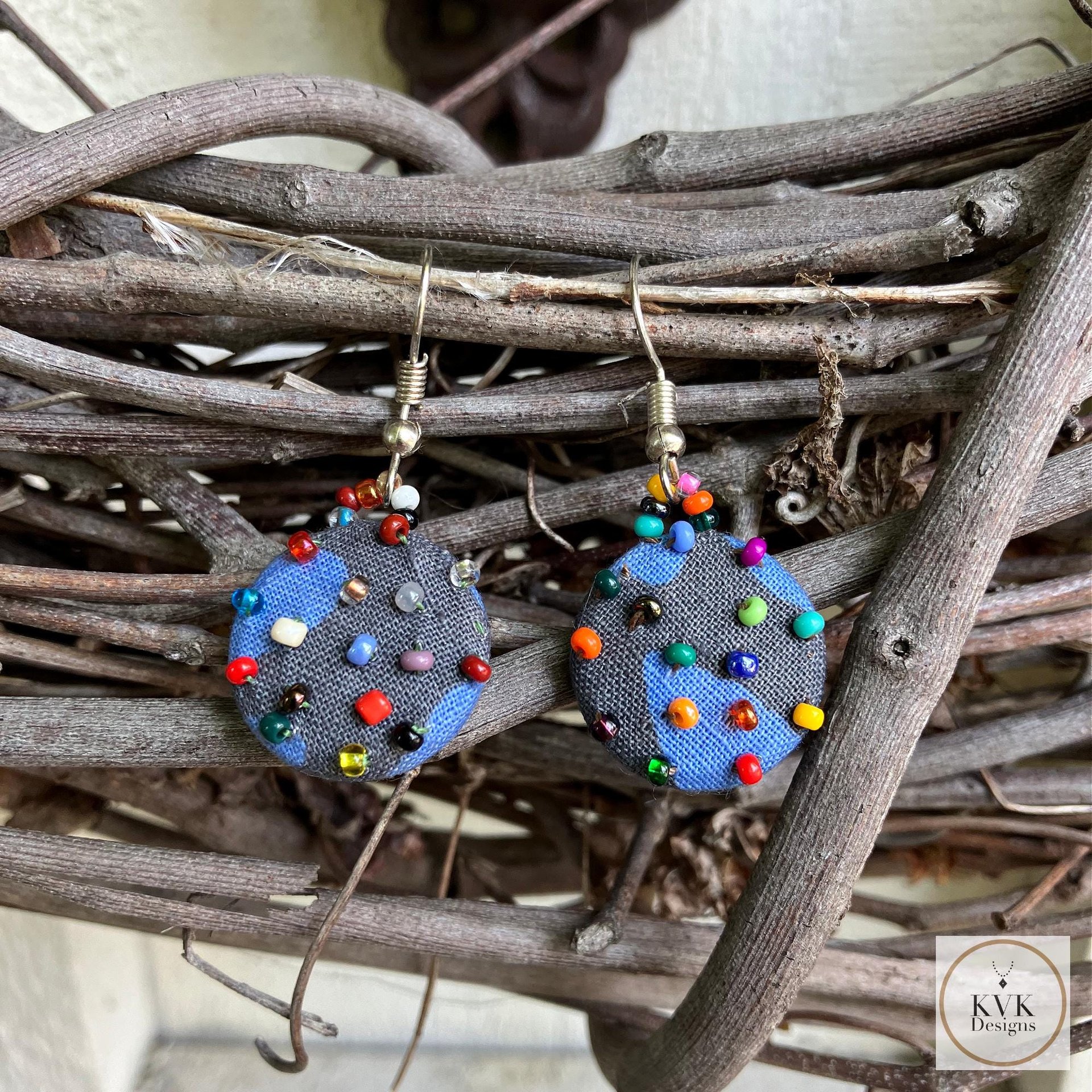 Handcrafted Boho Button Earrings - Dangle Earrings, Sustainable Upcycled Jewelry
