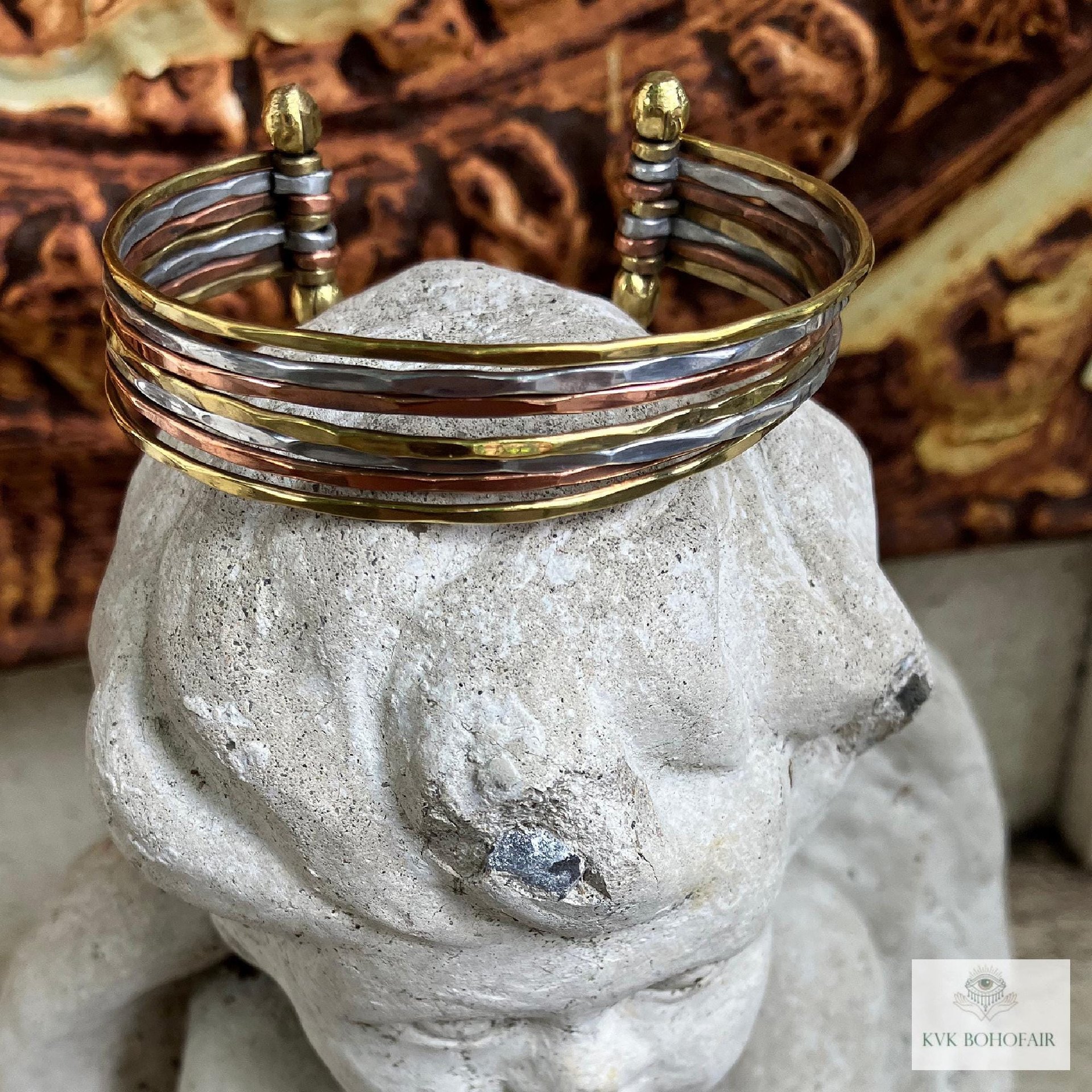 Thin Hammered Mixed Metal Cuff Bracelet - Handcrafted Stacking Bangle