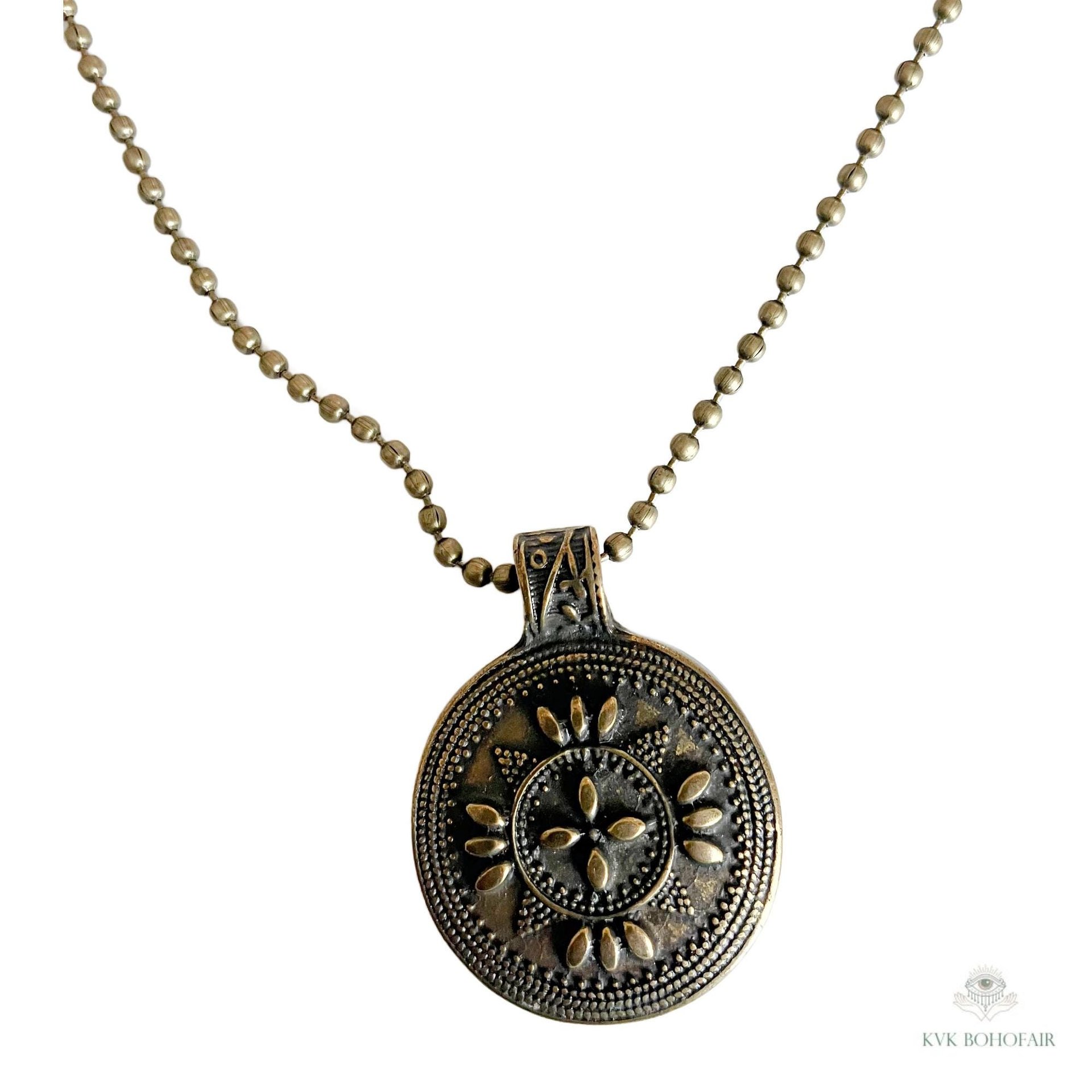 Bohemian Antique Bronze Tribal Pendant Necklace - 24 Inch Chain Boho Jewelry