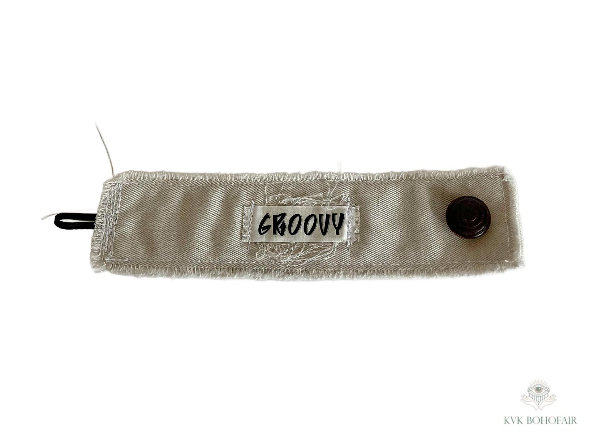 GROOVY Beige Fabric Cuff Bracelet - Vintage Button Textile Wristband