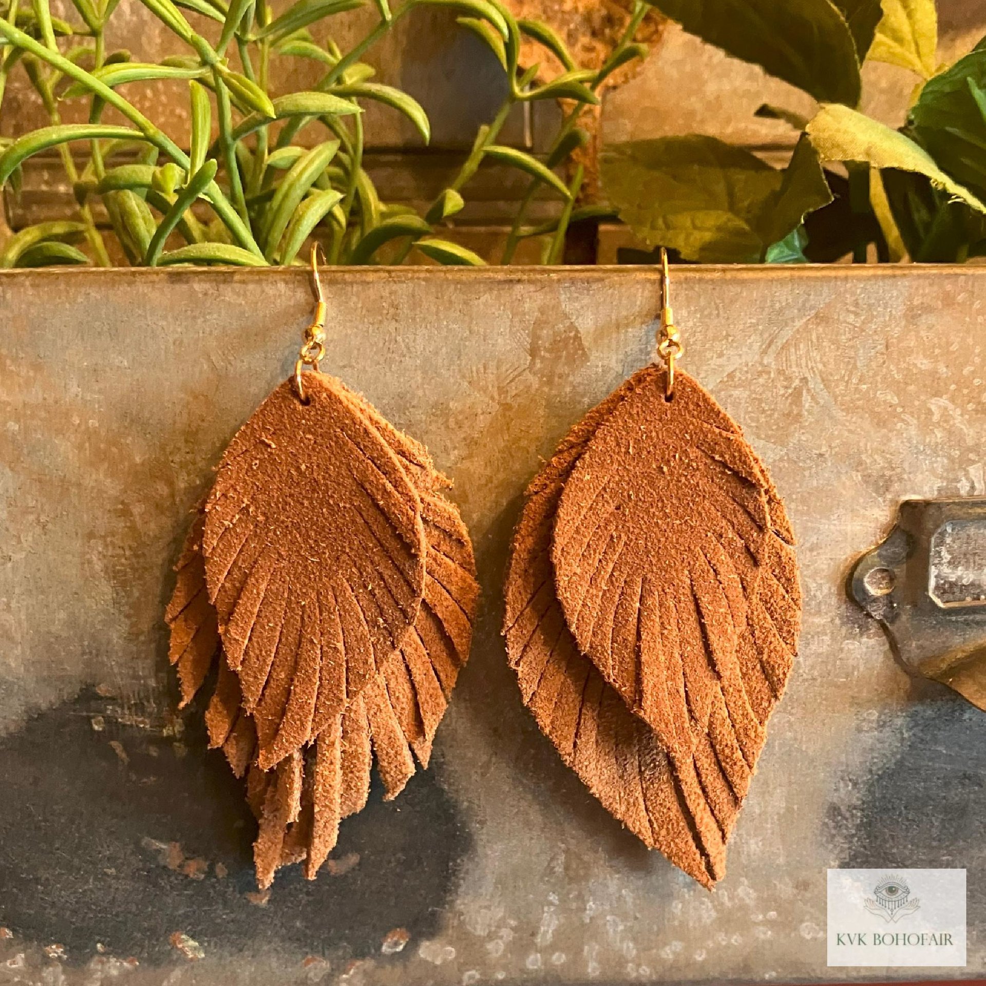 Handcrafted Brown Suede Feather Earrings, Layered Fringe Drops, Gold Plated Boho Statement Dangles