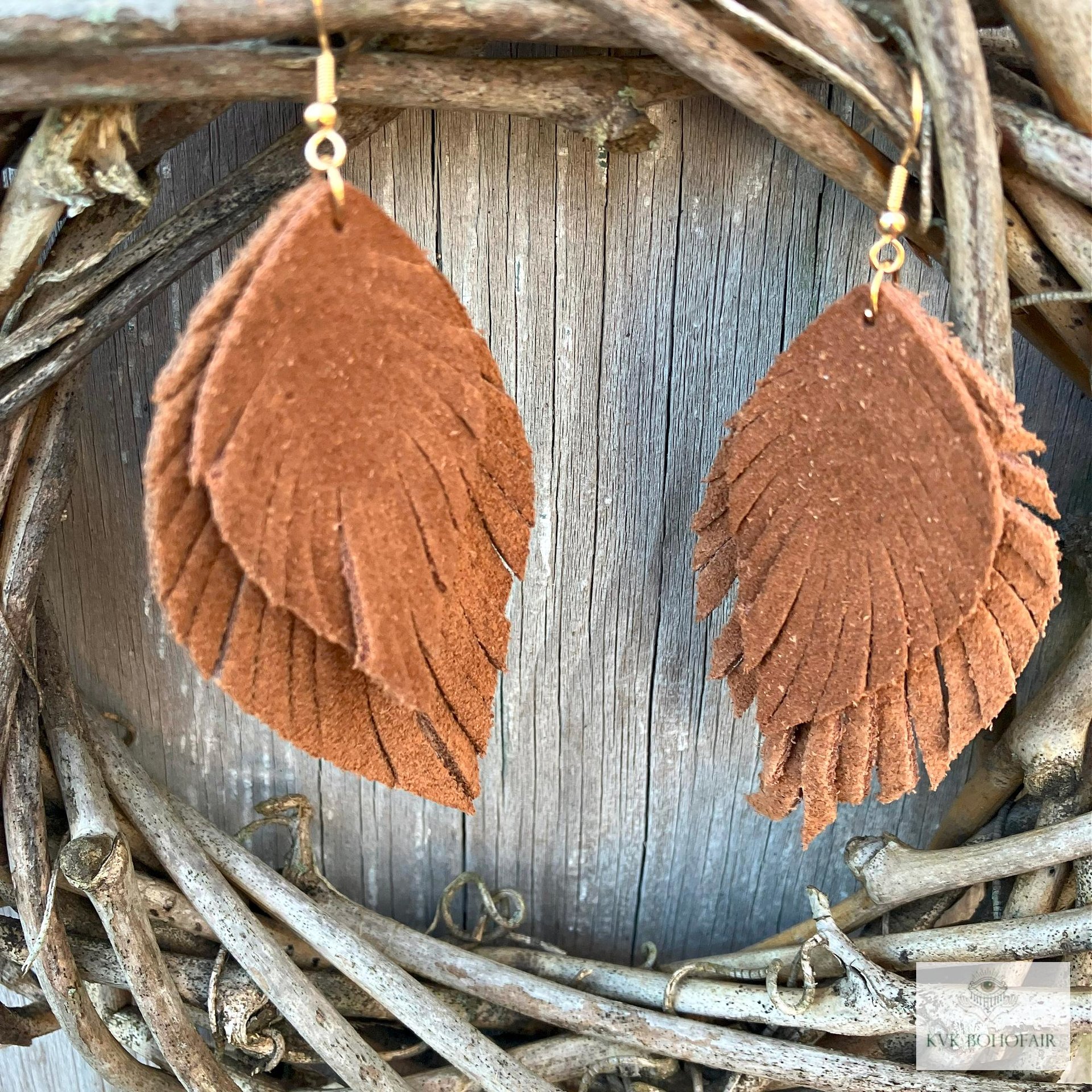Handcrafted Brown Suede Feather Earrings, Layered Fringe Drops, Gold Plated Boho Statement Dangles