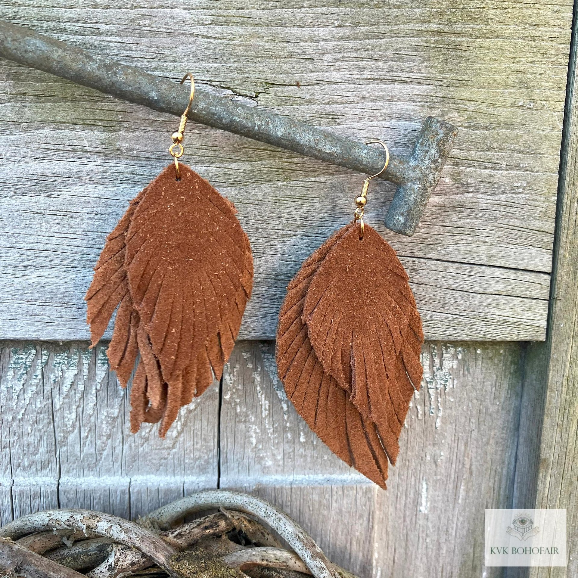 Handcrafted Brown Suede Feather Earrings, Layered Fringe Drops, Gold Plated Boho Statement Dangles