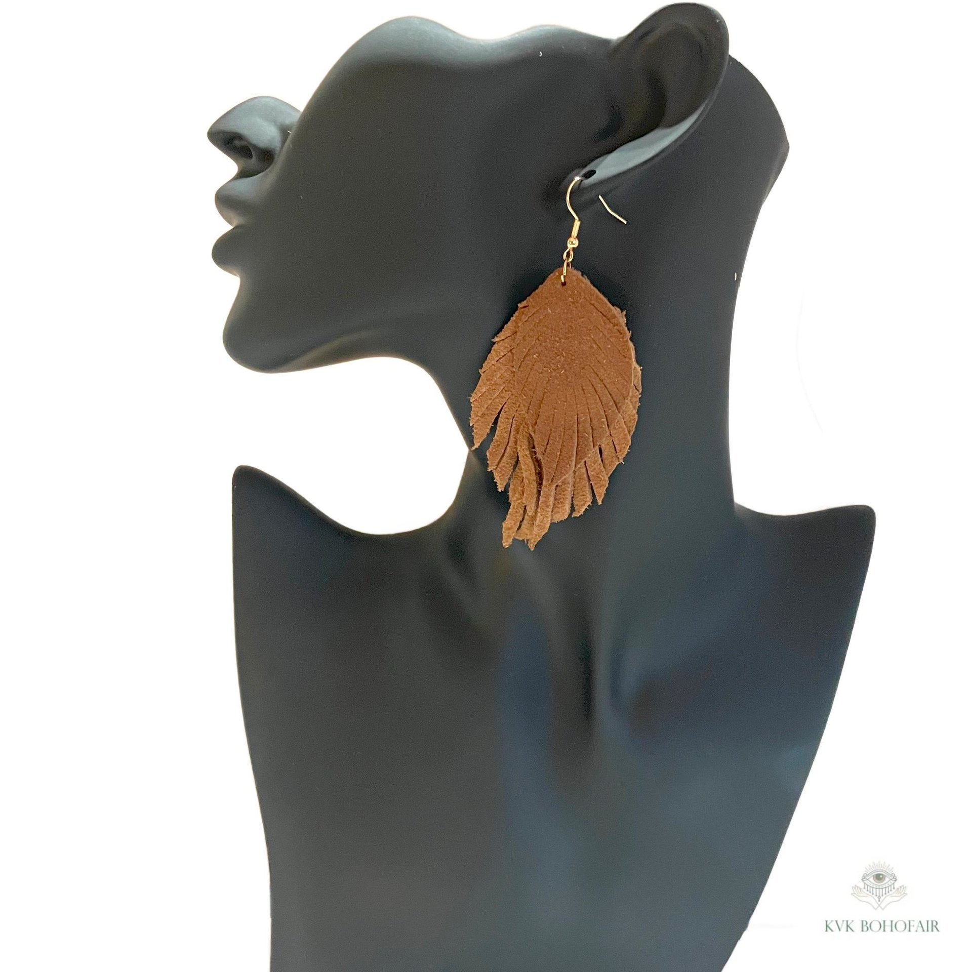 Handcrafted Brown Suede Feather Earrings, Layered Fringe Drops, Gold Plated Boho Statement Dangles