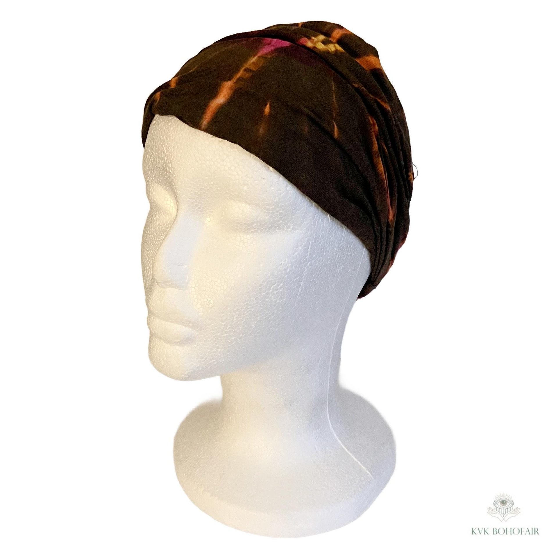 Brown Tie Dye Cotton Headband, Wide Boho Yoga Headwrap for Women, Bohemian Workout Hairband
