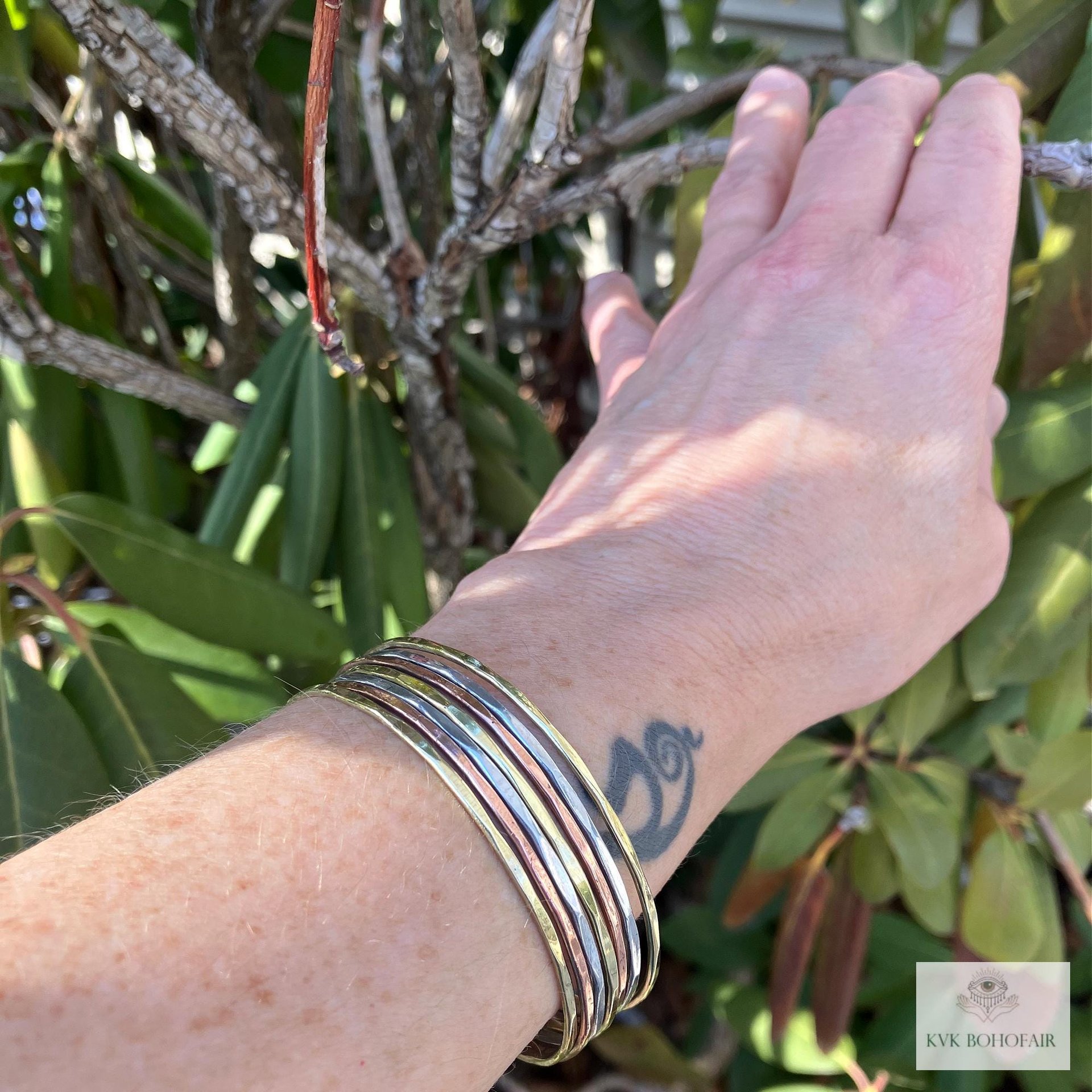 Thin Hammered Mixed Metal Cuff Bracelet - Handcrafted Stacking Bangle