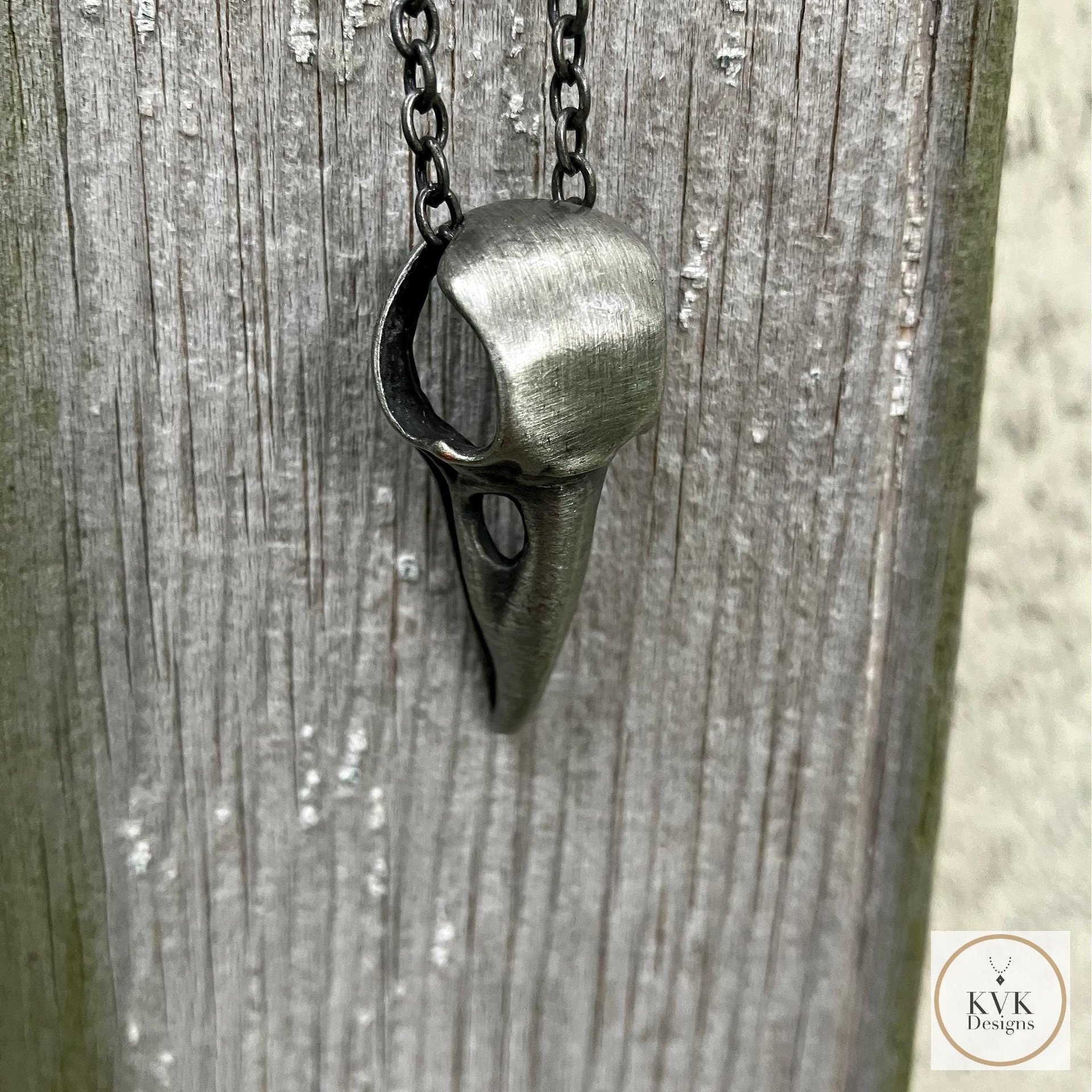 Gothic Silver Crow Skull Necklace, Antique Raven Head Pendant