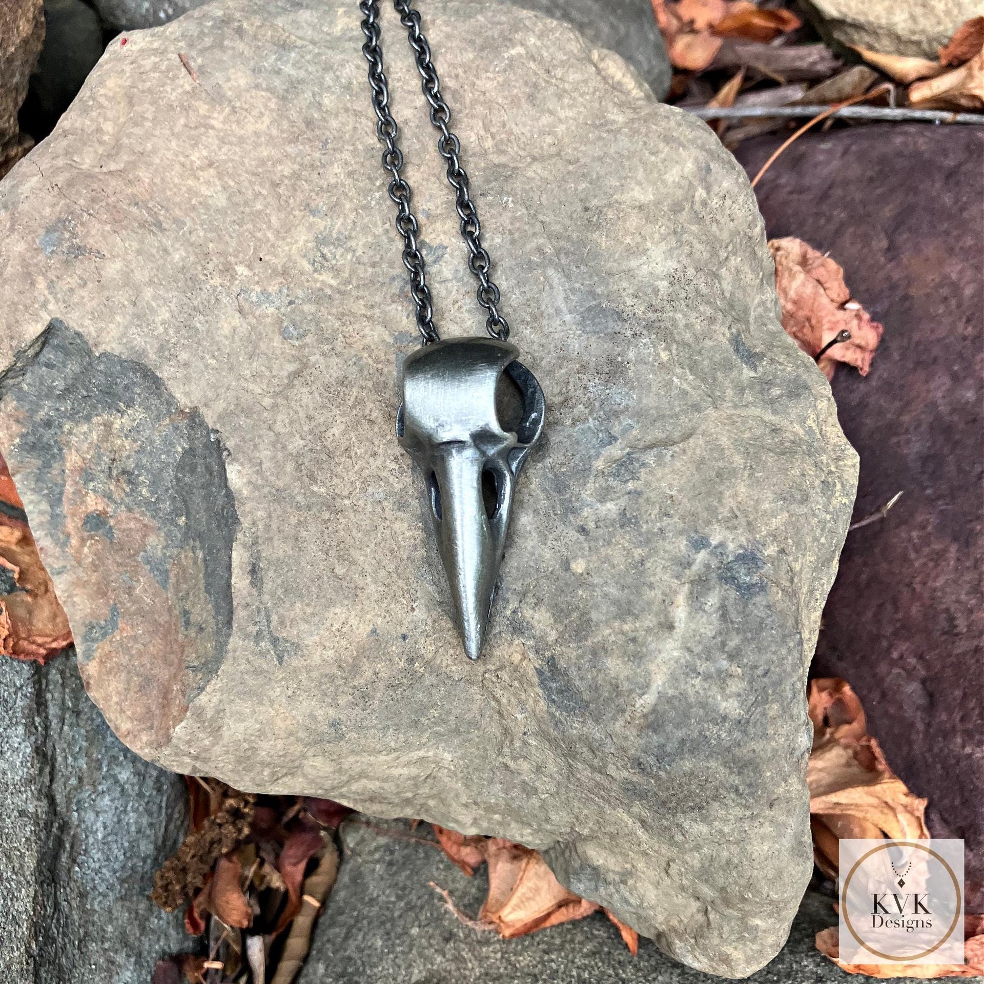 Gothic Silver Crow Skull Necklace, Antique Raven Head Pendant