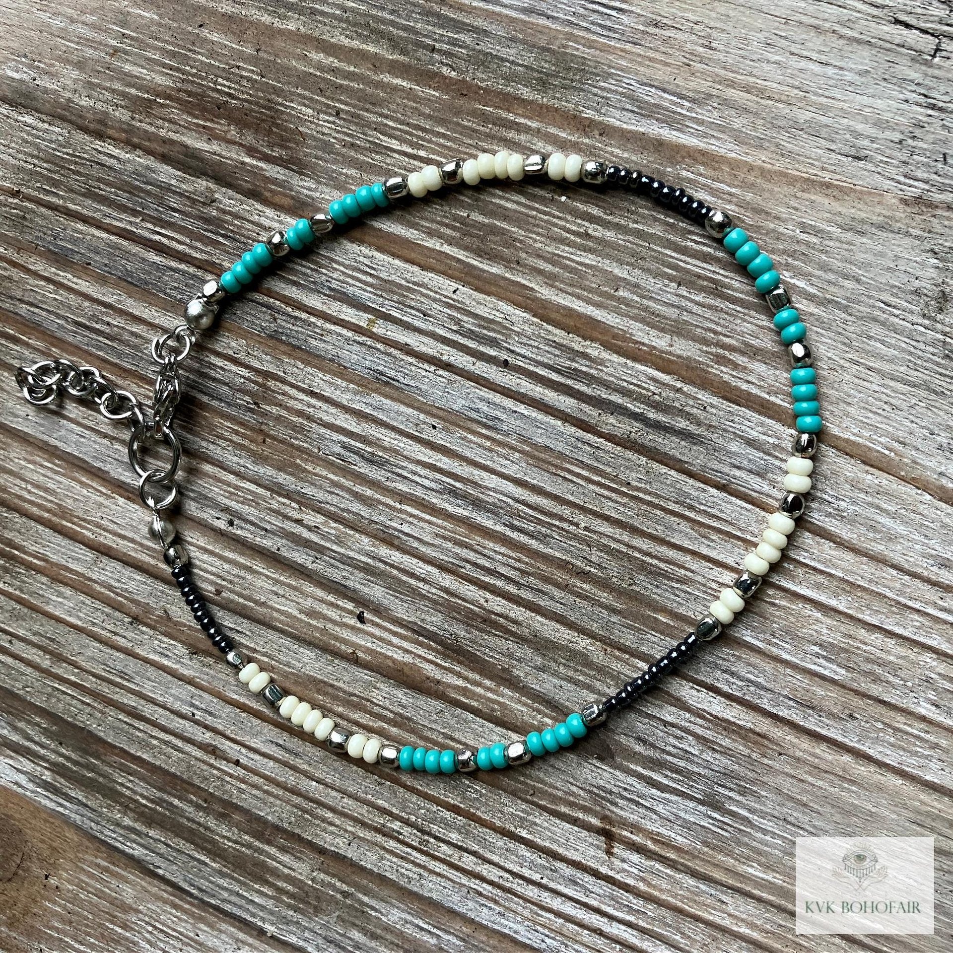 Handcrafted Boho Anklet with Turquoise & Silver Beads - Unique Bohemian Jewelry