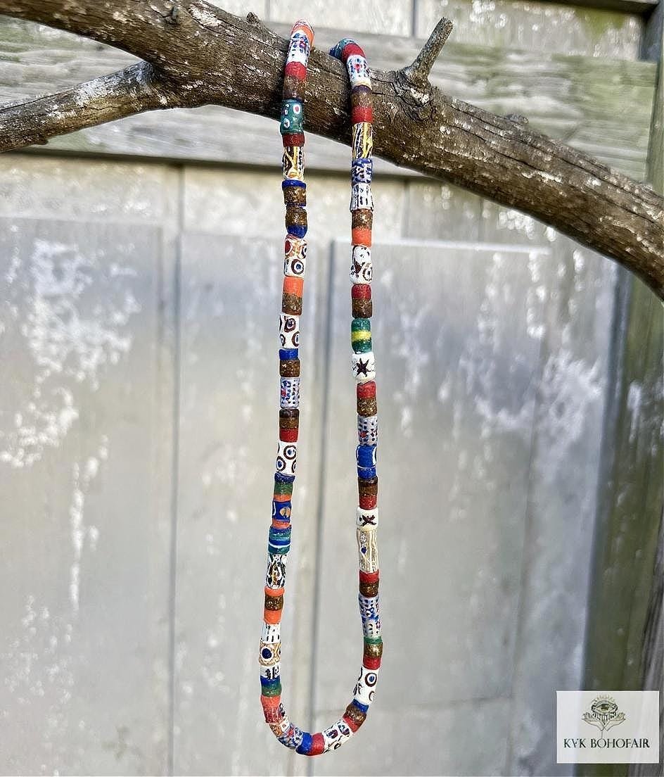 Long African Trade Bead Necklace - Vibrant Bohemian Statement Jewelry