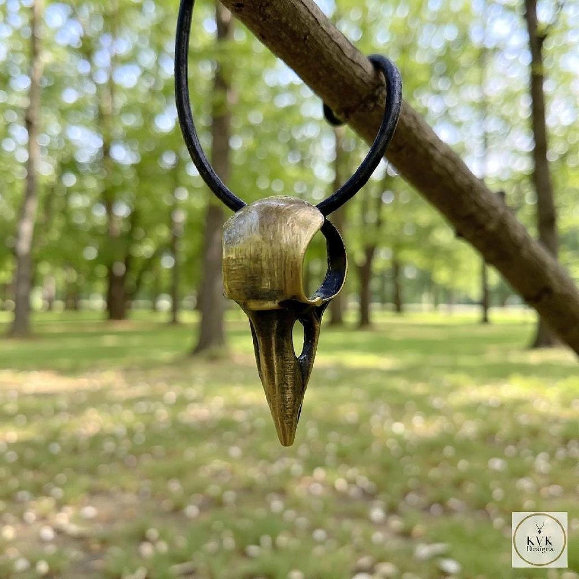 Gothic Crow Skull Necklace, Brass Raven Bird Pendant, Witchy Jewelry