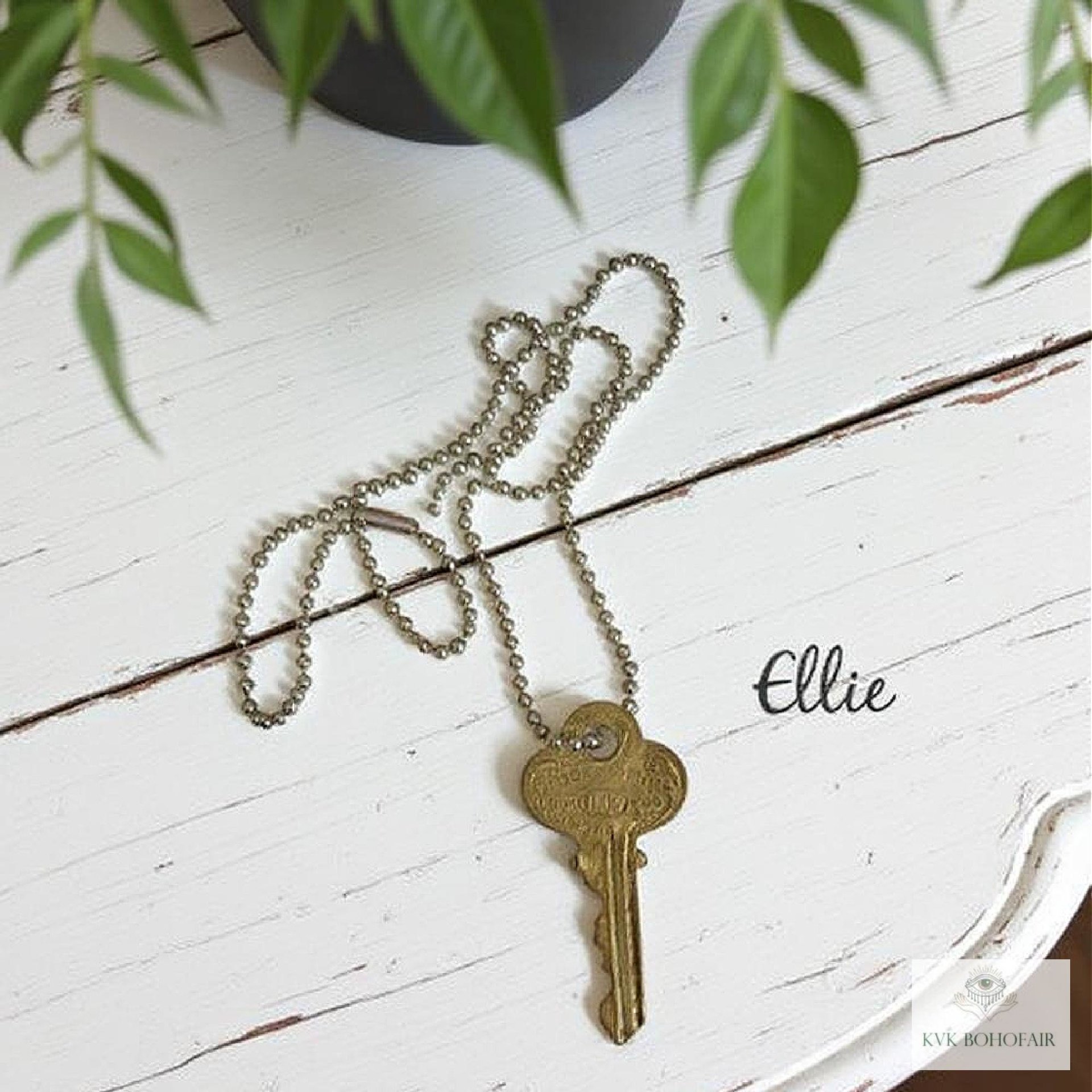 Antique Brass Key Necklace, 1920s Repurposed Pendant, Gunmetal Ball Jewelry