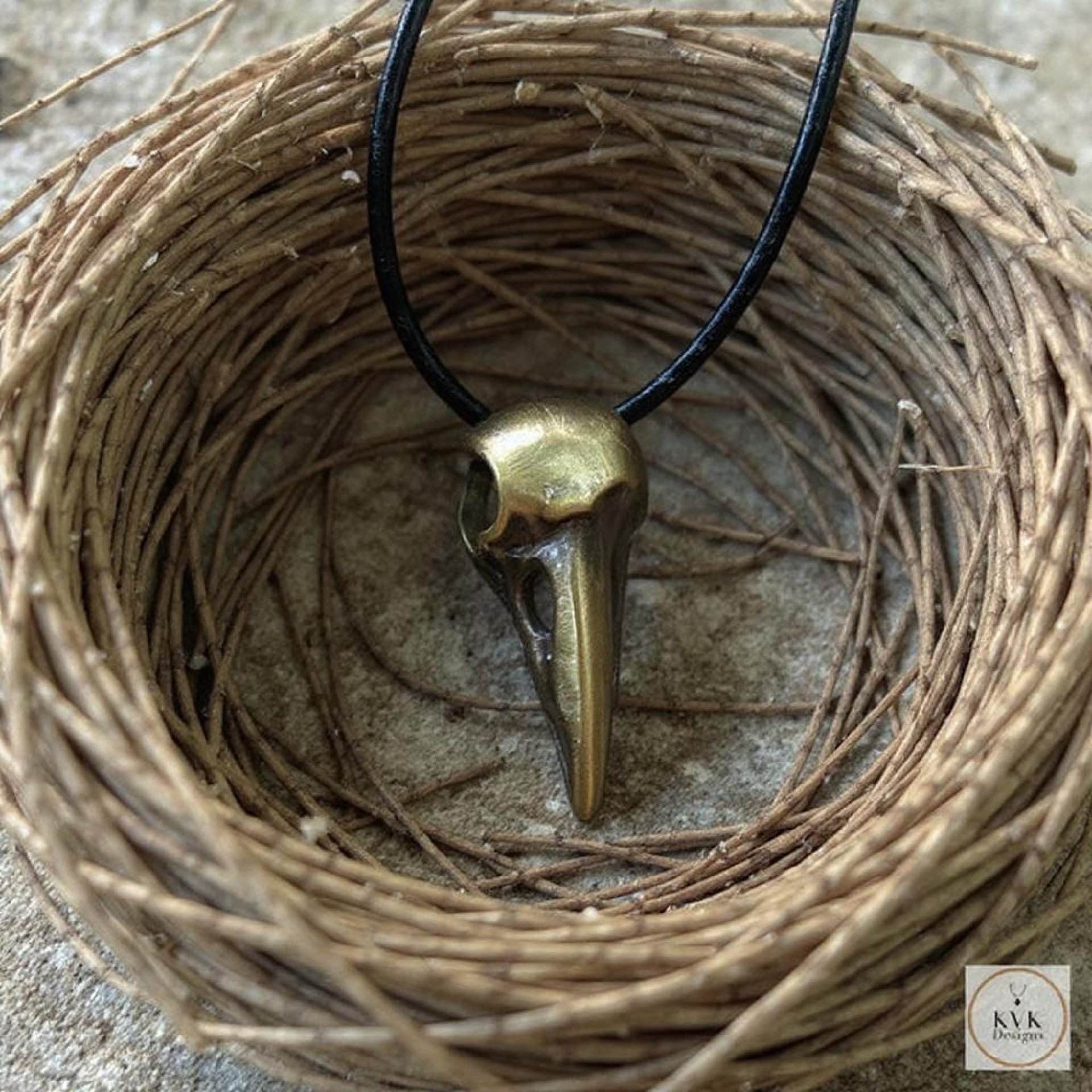 Gothic Crow Skull Necklace, Brass Raven Bird Pendant, Witchy Jewelry