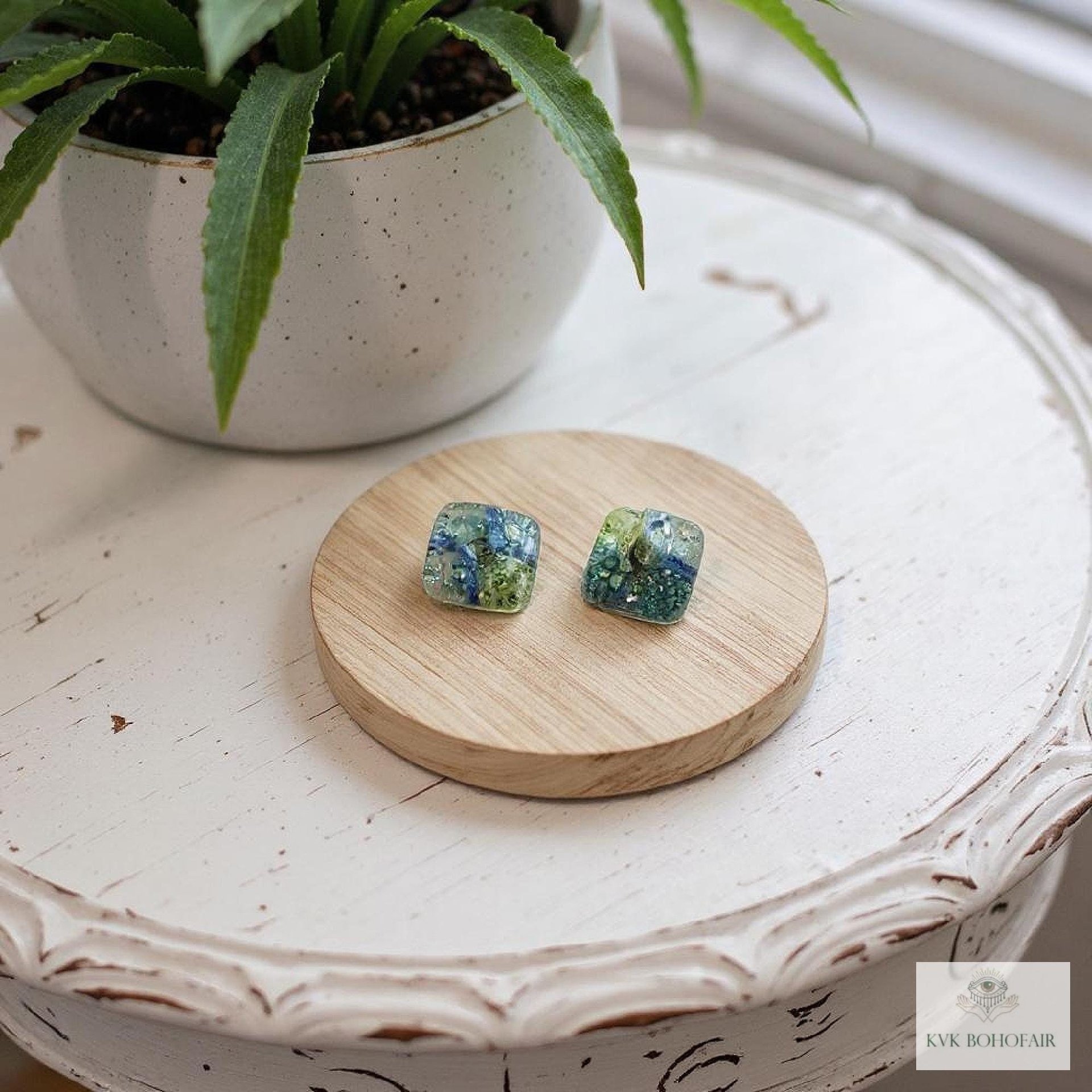 Fused Blue Dichroic Glass Stud Earrings, Square Ocean Post Jewelry, Stainless Steel Minimalist Posts