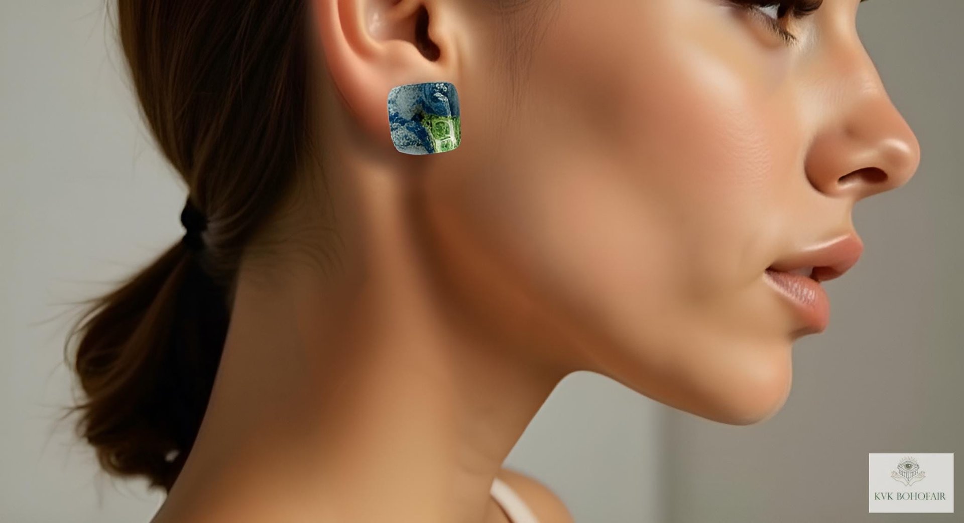 Fused Blue Dichroic Glass Stud Earrings, Square Ocean Post Jewelry, Stainless Steel Minimalist Posts