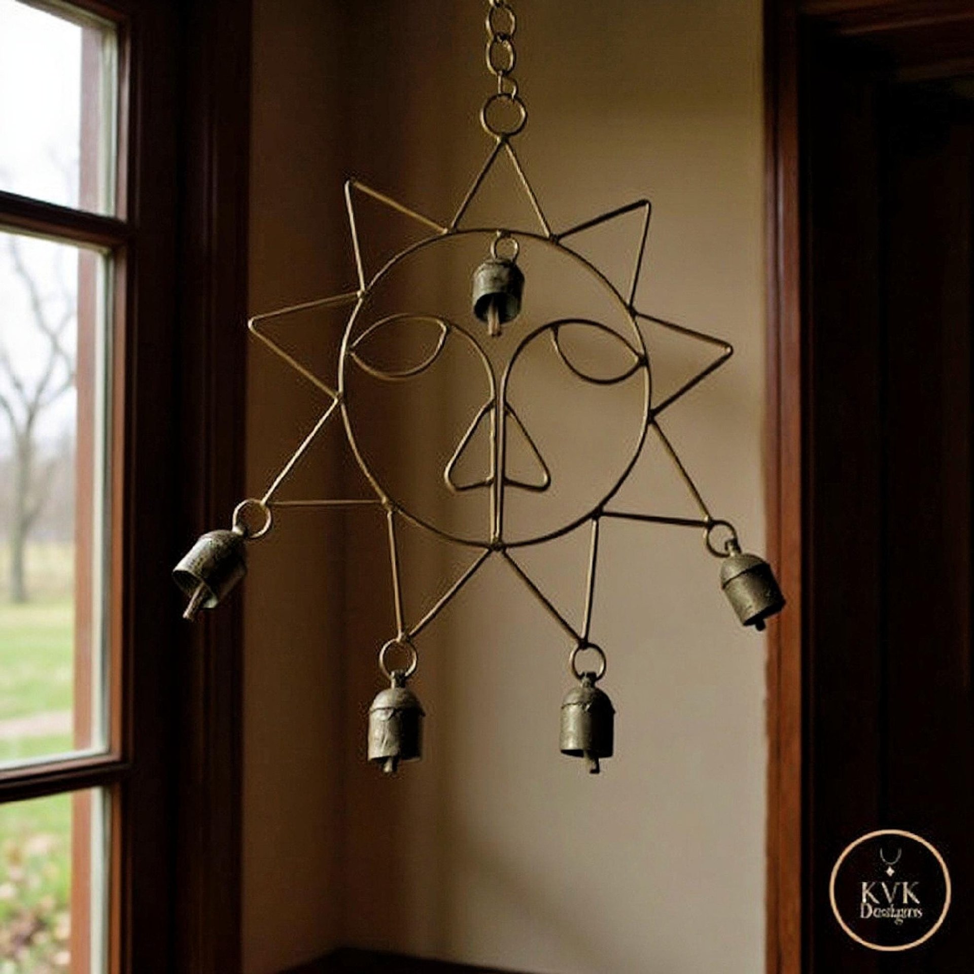 Handmade Sun Windchime - Artisan Metal Garden Decor Brass Bells