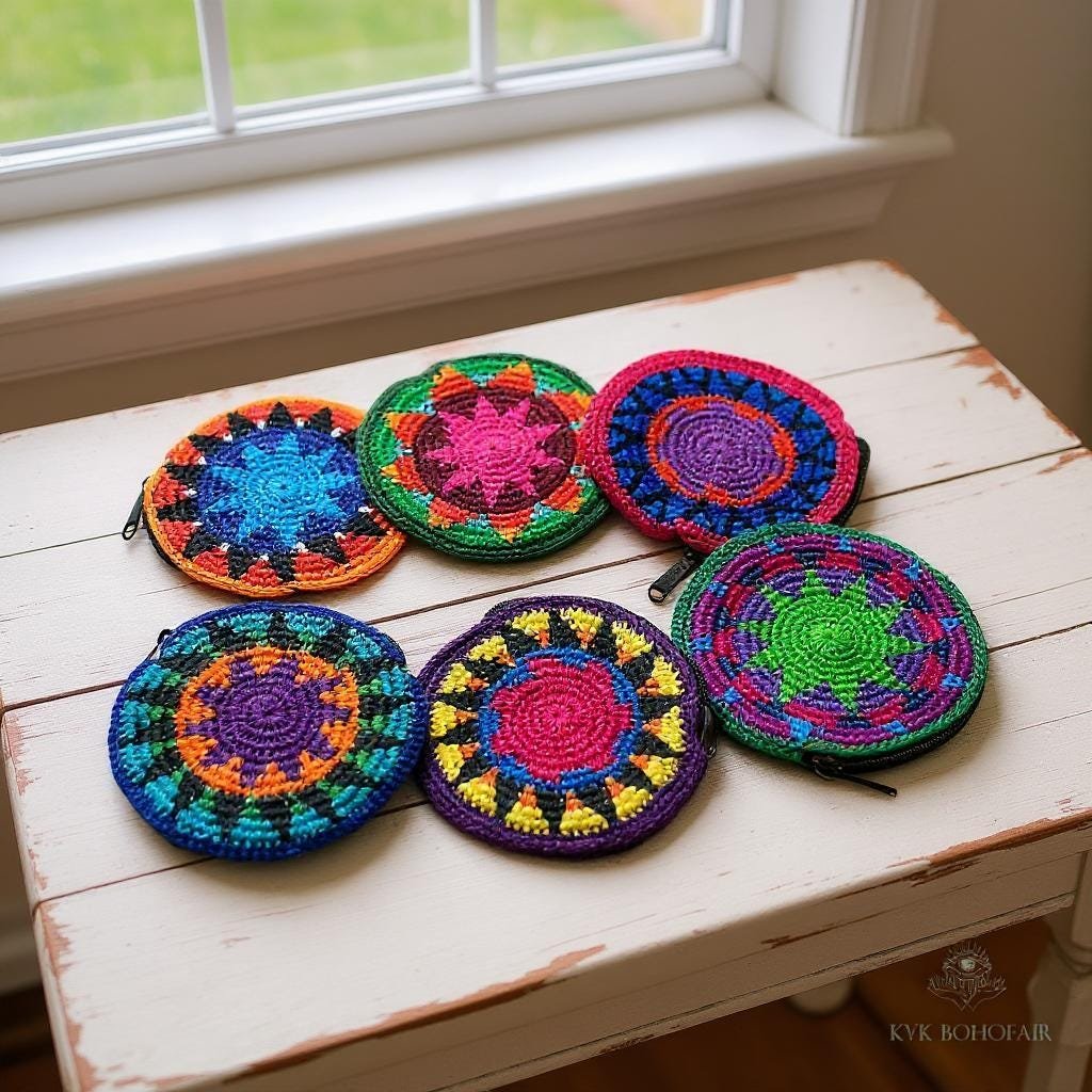 Six colorful, round, crocheted coin purses with intricate geometric patterns are displayed on a white wooden table near a window. Each coin purse features different vibrant color combinations and designs.