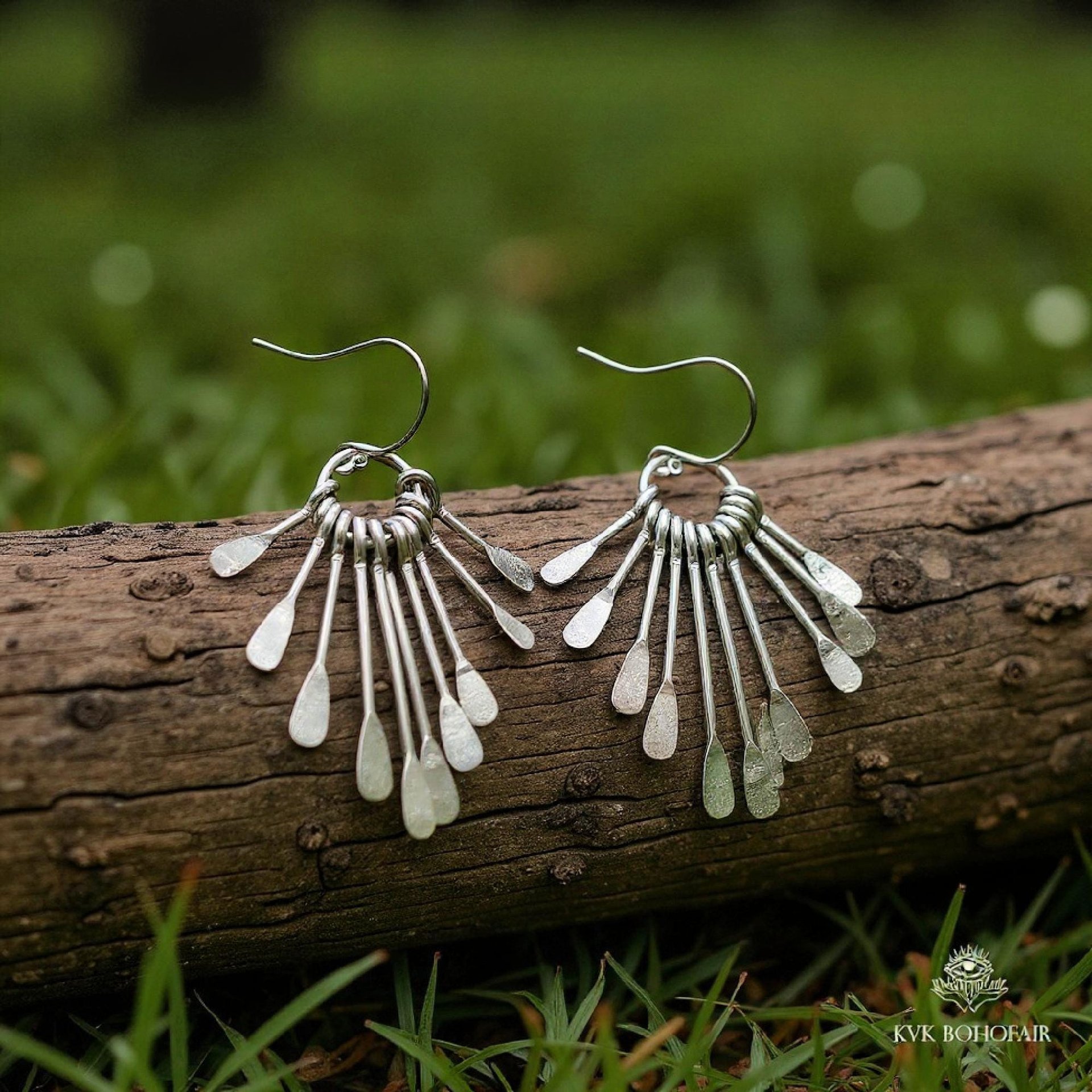 Boho Silver Plated Fringe Paddle Earrings, Sterling Silver Wires, Artisan Chandelier Dangles