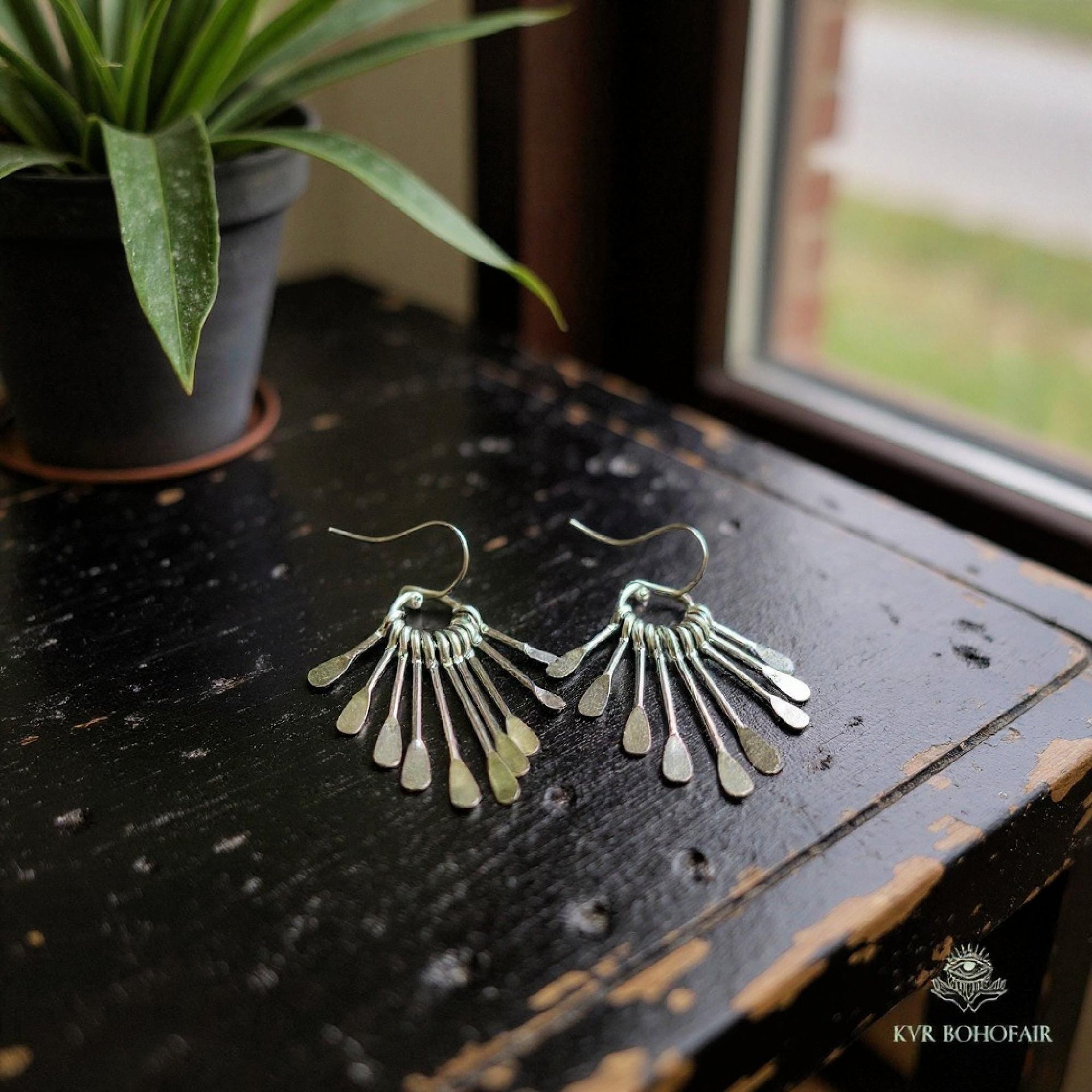 Boho Silver Plated Fringe Paddle Earrings, Sterling Silver Wires, Artisan Chandelier Dangles